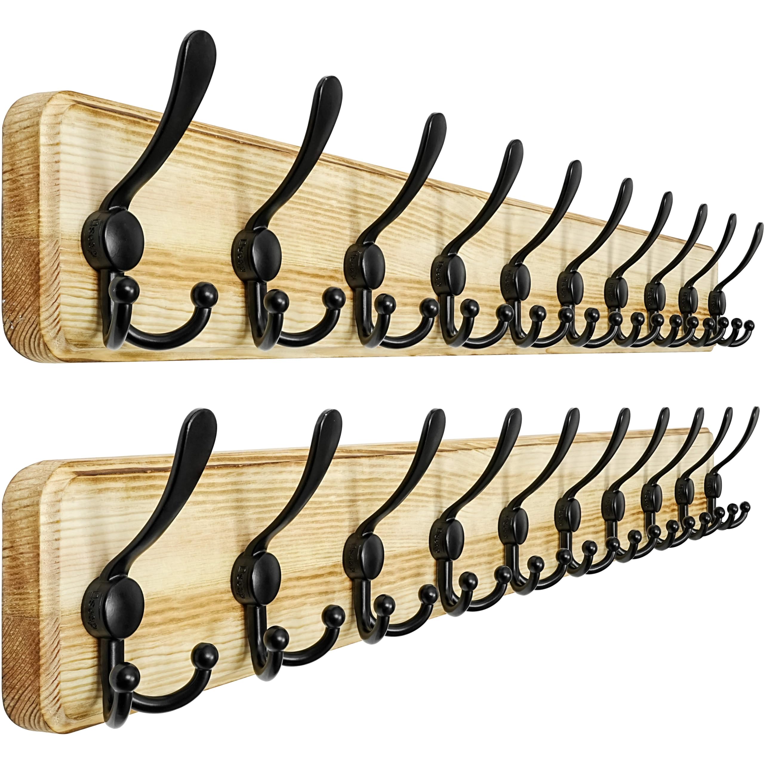 Dseap Coat Rack Wall - Heavy-Duty 97cm Long, with Reinforced 10 Custom Tri-Hooks, Solid Wood Wall Hanger for Coats Hat Jackets - Rustic Farmhouse Entryway Storage, Light Brown & Black, Pack of 2