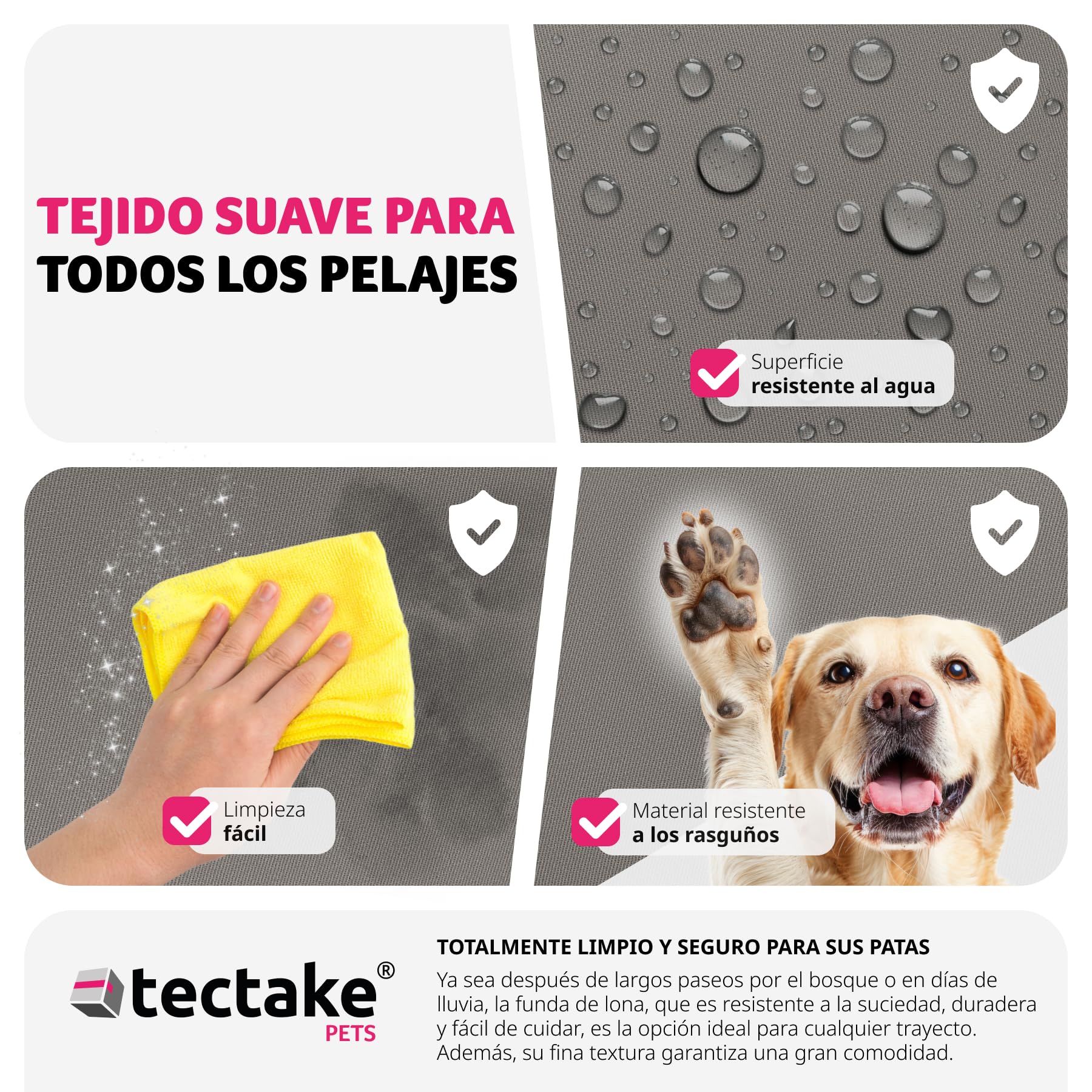 tectake® Asiento de Coche para Perros Pequeños y Medianos - Correa Ajustable, Cojín Lavable, Protector y Transporte - Gris