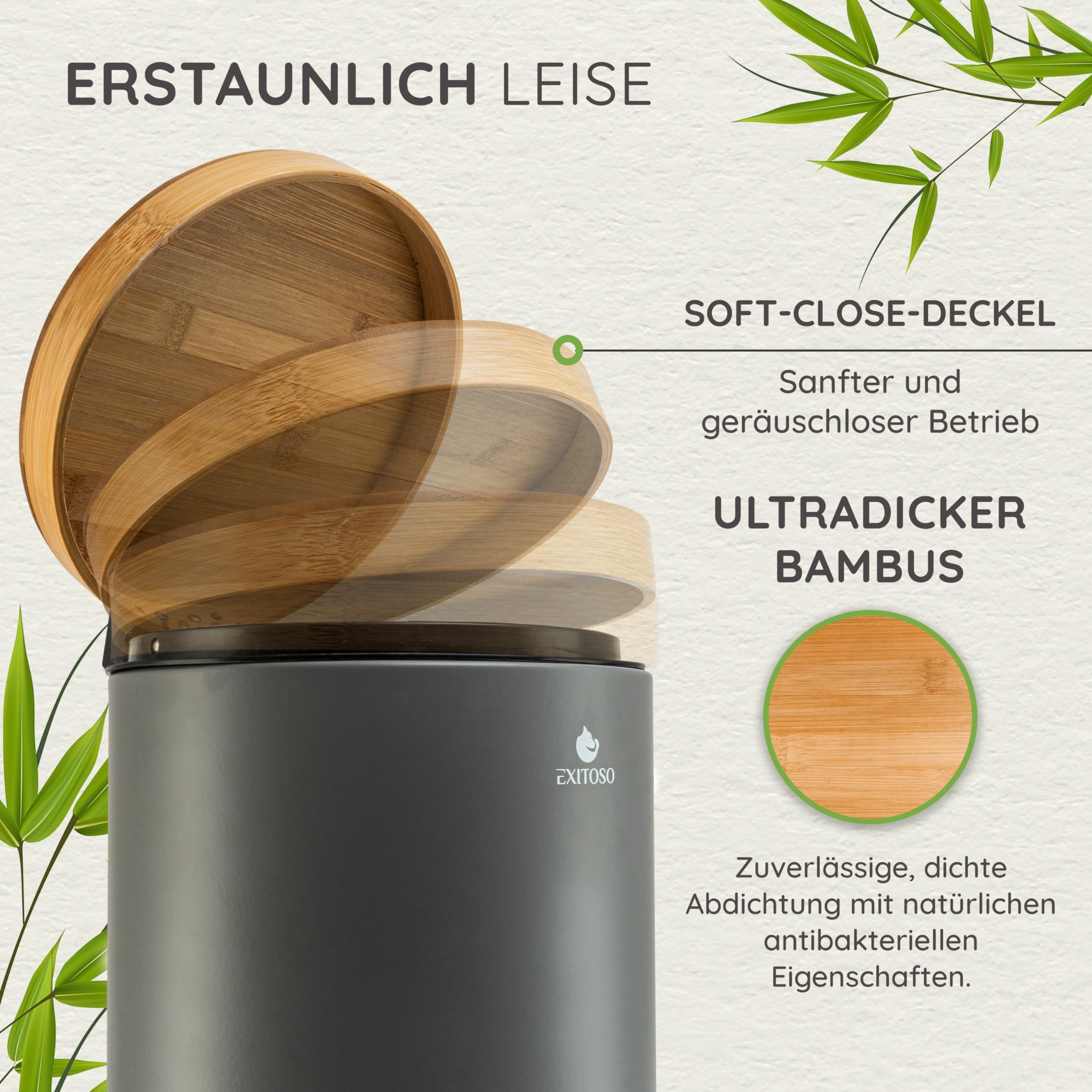 Exitoso 5L Mlleimer Bad Grau - Kosmetikeimer mit Bambus-Holzdeckel und  Absenkautomatik - mit Rutschfest Pad - Tretmlleimer Bad aus Edelstahl - ...