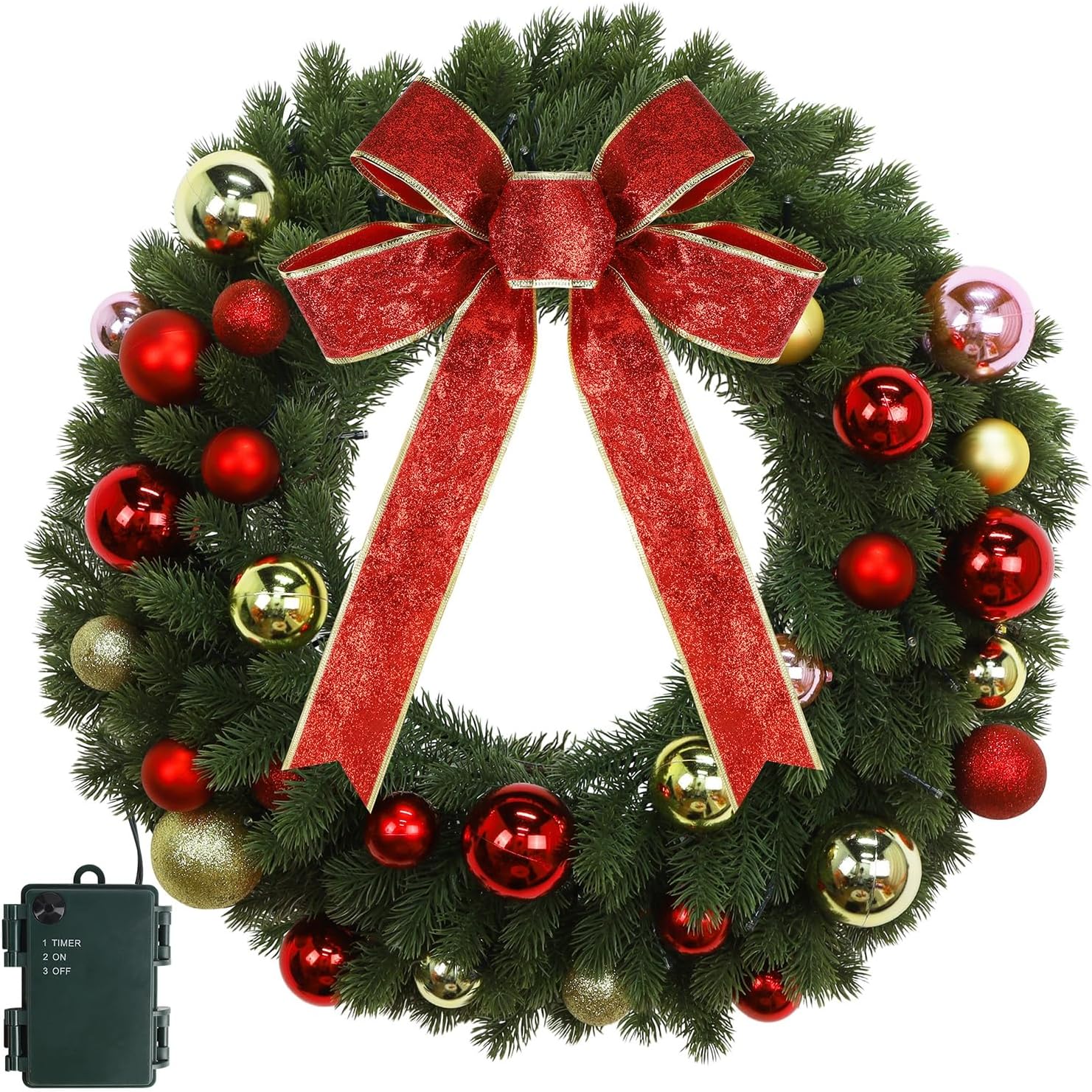 Juegoal 21 Inch Pre-Lit Christmas Wreath with Metal Hanger, Lighted Xmas Folded Wreath with 60 LED Lights, Red Bow and Colorful Balls, Battery Operated & Timer for Outdoor Home Window Wall Front Door - Image 8