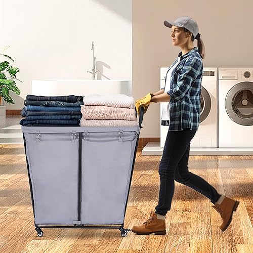 Miniatura 9 de Cesta clasificadora de lavandería de 2 secciones de 280 L con ruedas, cesta organizadora de lavandería con marco de acero resistente y bolsa