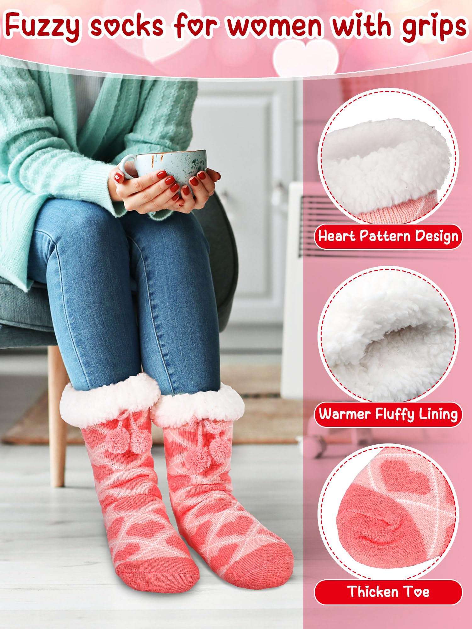 Berlune Galentines Day flauschige Hausschuhsocken für Damen, rutschfest, flauschig, Winter, warm, Lamm-Fleece, Herzsocken, für Freundin, die besten Freunde, Valentinstagsgeschenke, 6 Paar