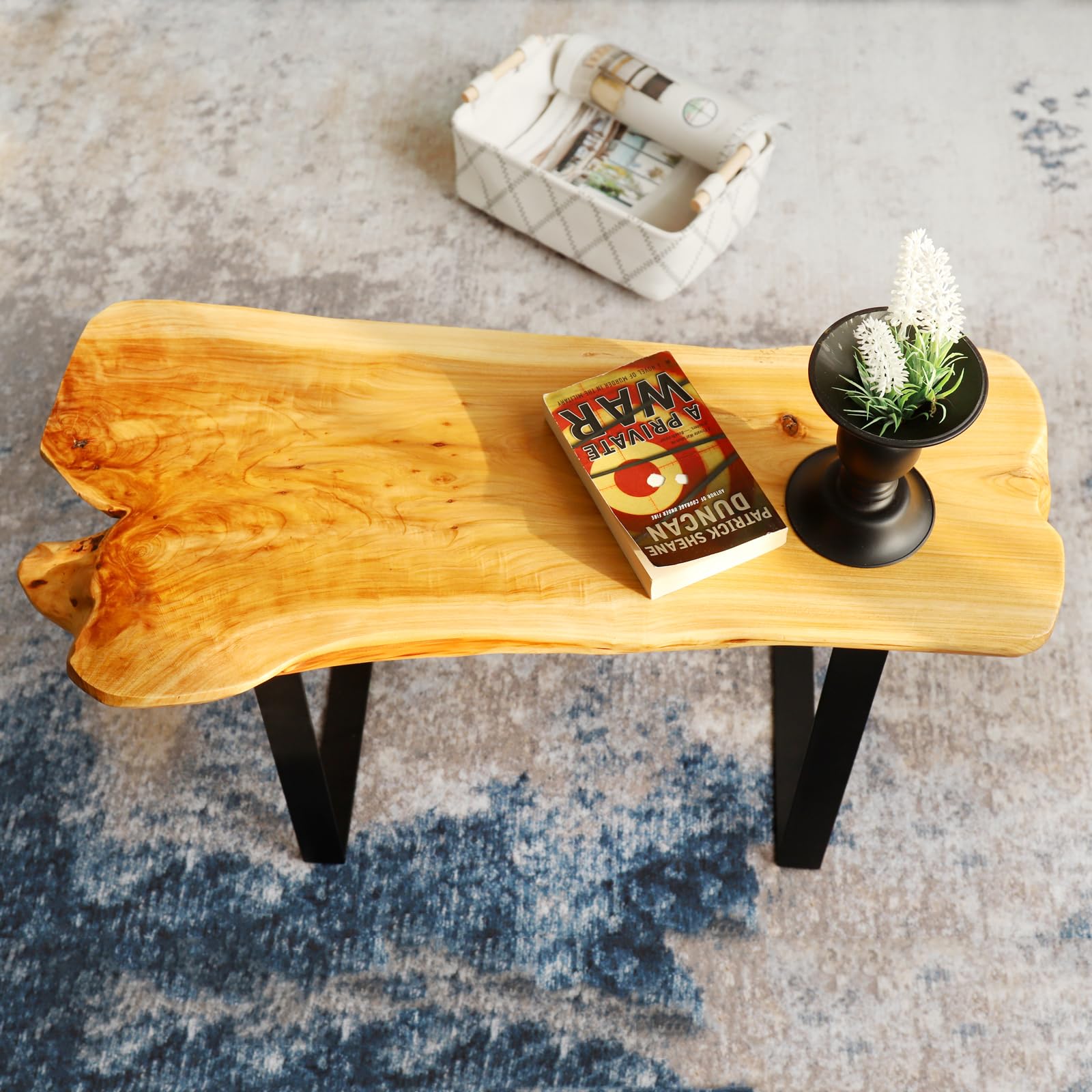 WELLAND Live Edge Cedar Entryway Bench with Metal Legs, 28" | Live edge cedar bench with sturdy metal legs adds natural warmth and functional seating to entryways and living spaces