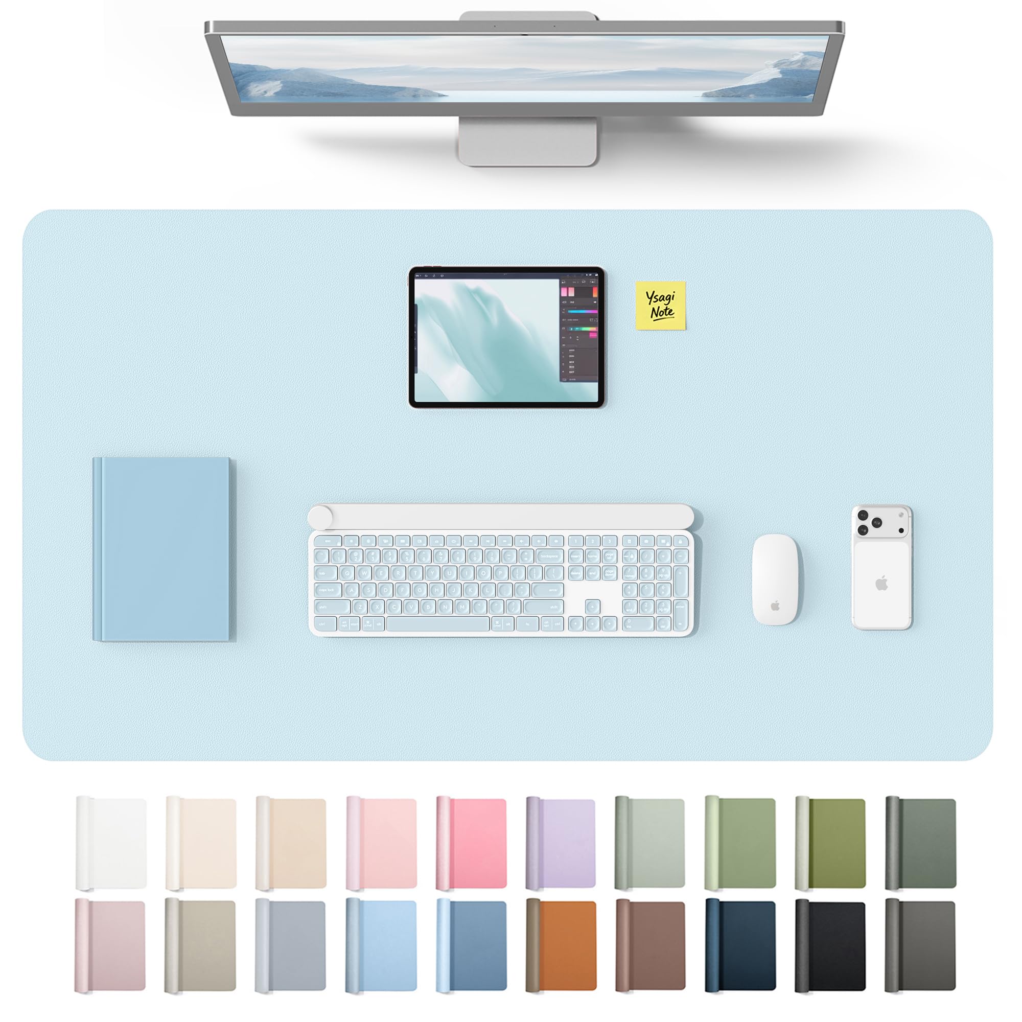 YSAGi Leather Desk Protector, Office Mat, Large Mouse Mat, Non-Slip PU Leather Blotter, Laptop Desk Mat, Waterproof Writing Pad for Office and Home(Baby Blue, 40" x 24")
