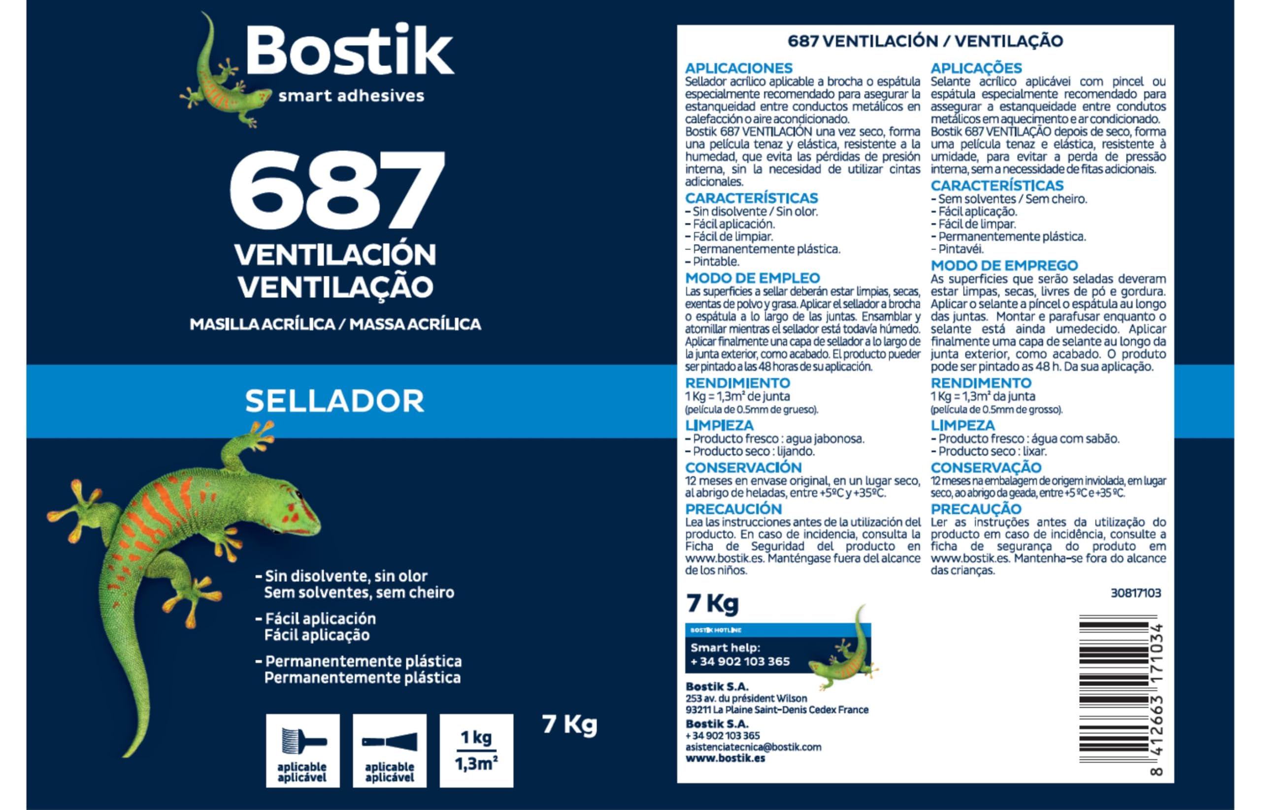 BOSTIK 687 VENTILACIÓN Gris, Sellador Acrílico Aplicable a Brocha o Espátula, sin Disolventes, sin Olor, Permanentemente Plástico y Elástico, Temperatura de Aplicación de +5ºC a +35ºC, Bote 7 kg