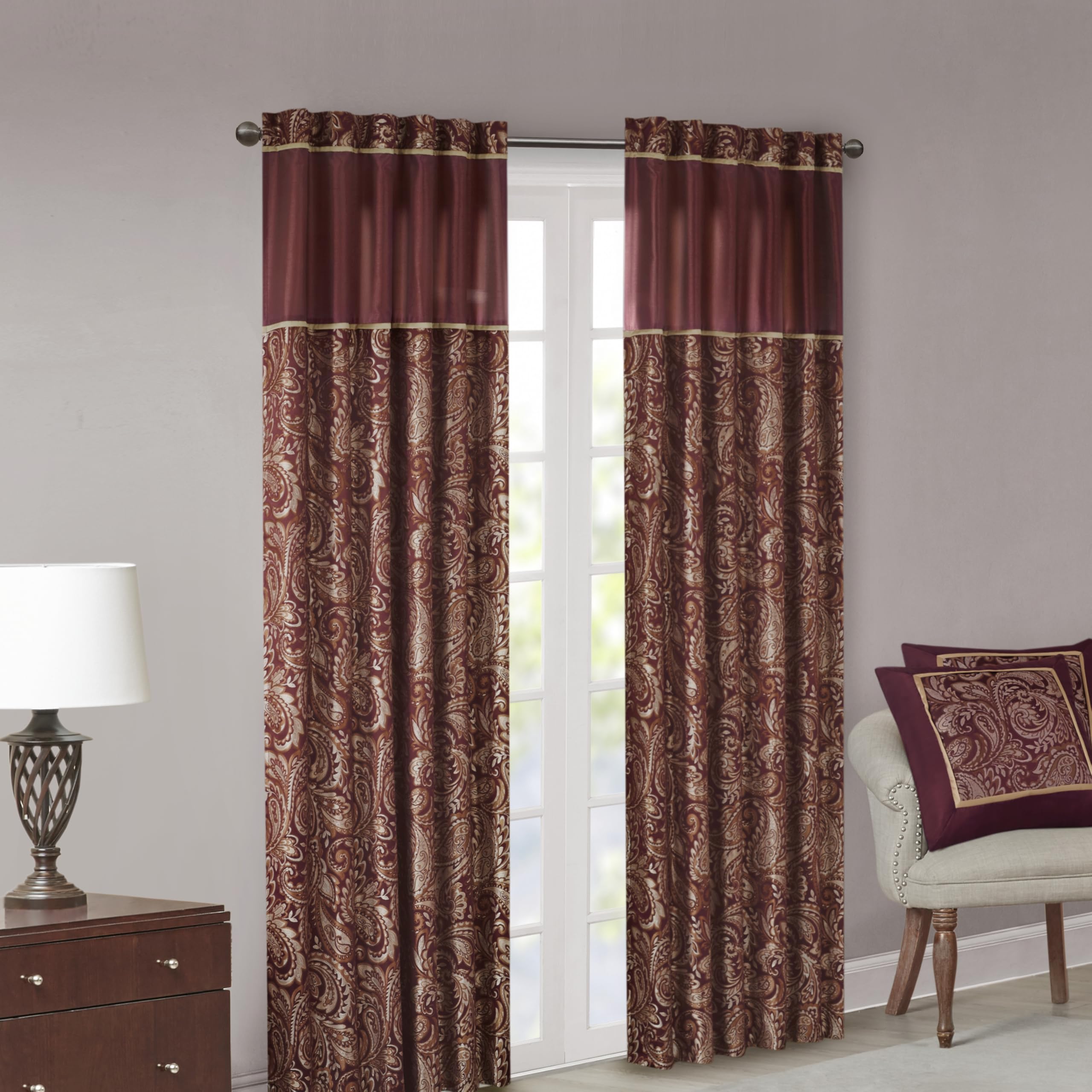 Madison Park Aubrey Rideau Jacquard Imitation Soie Cachemire avec Passe-Tringle pour Salon, Cuisine, Chambre à Coucher et dortoir, 127 x 213,4 cm, Bordeaux