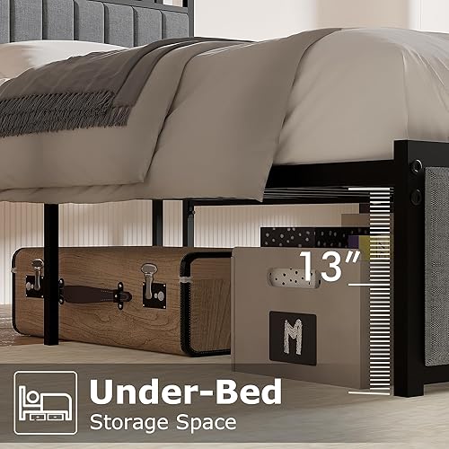 Miniatura 39 de VECELO Base de cama tamaño matrimonial con cabecera tapizada, plataforma resistente con listones de metal fuertes, no necesita somier, fácil Lino y