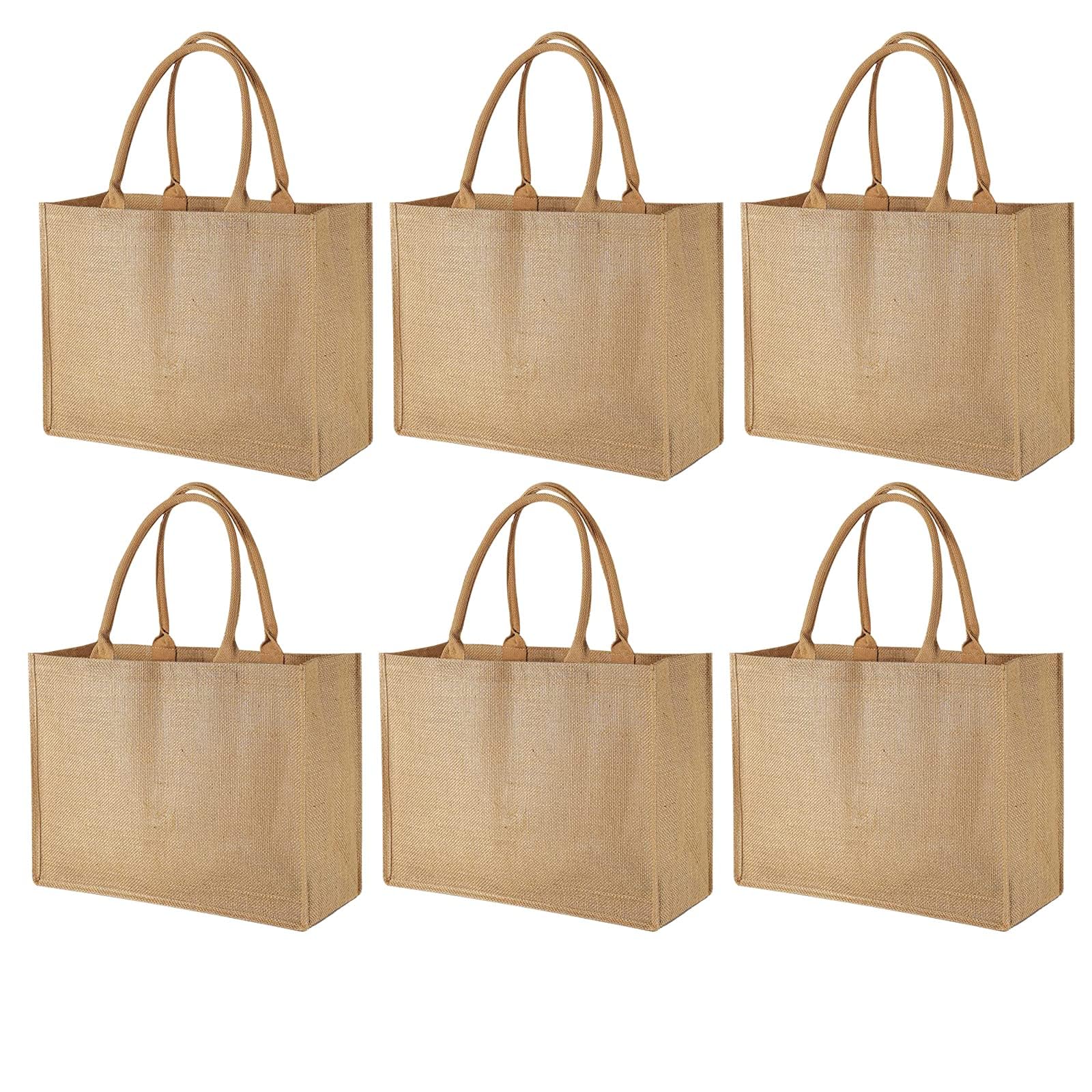 Lot de 6 grands sacs fourre-tout en toile de jute avec poignées, vierges et réutilisables pour mère, enseignante, demoiselle d'honneur, mariage, shopping, décoration, marron, inch