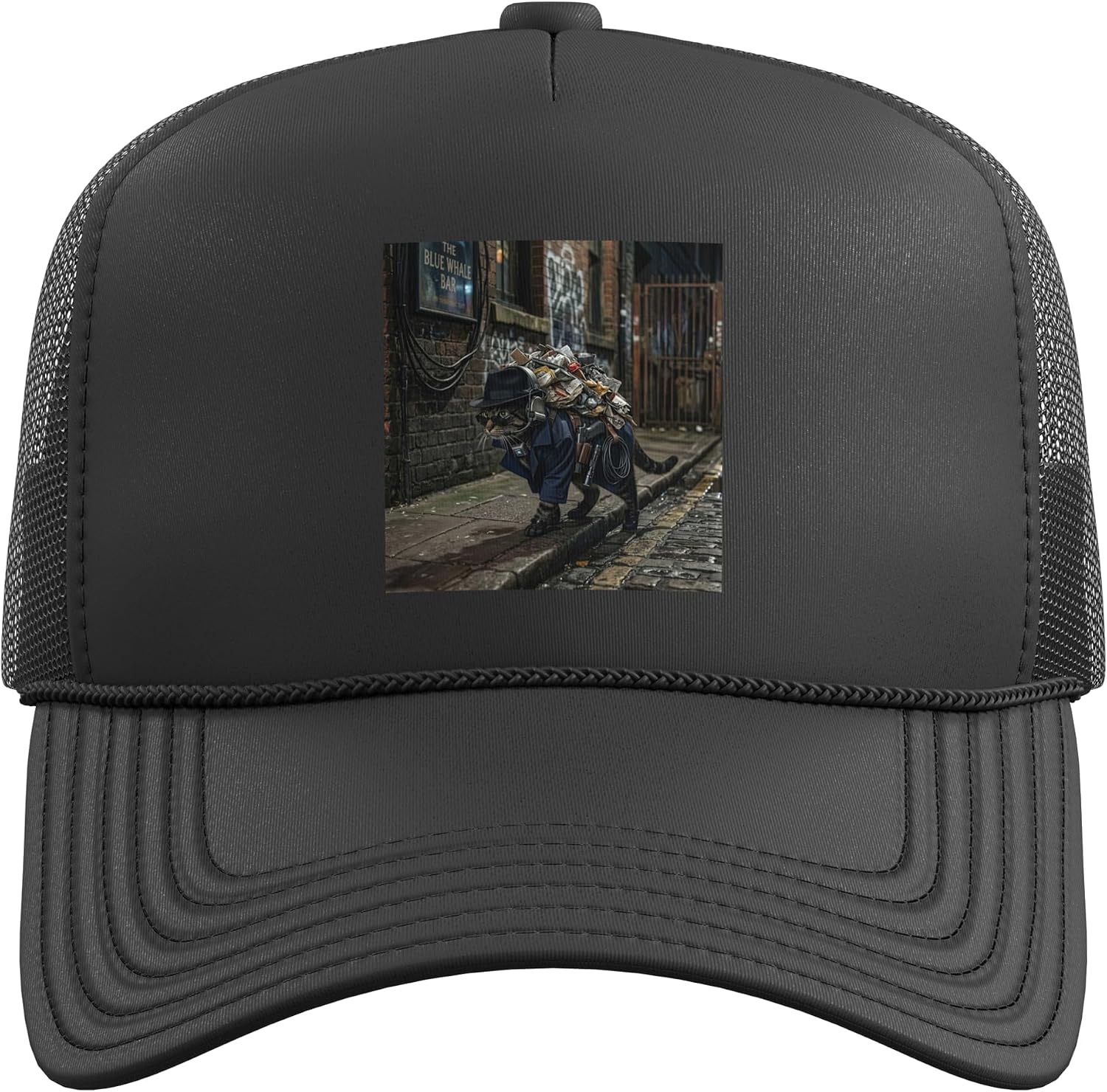 Undercover Black Cat inspecting Dark Streets with Gadgets Trucker Hat with Adjustable Mesh Back image 2