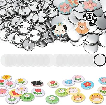 Button Maker Supplies, 100 Sets 25mm/1inch Pin Making Kit for ButtonMaker Machine,Metal Button Badge Sets for Pin Maker with Metal Shell Back Cover, Transparent Film, Paper