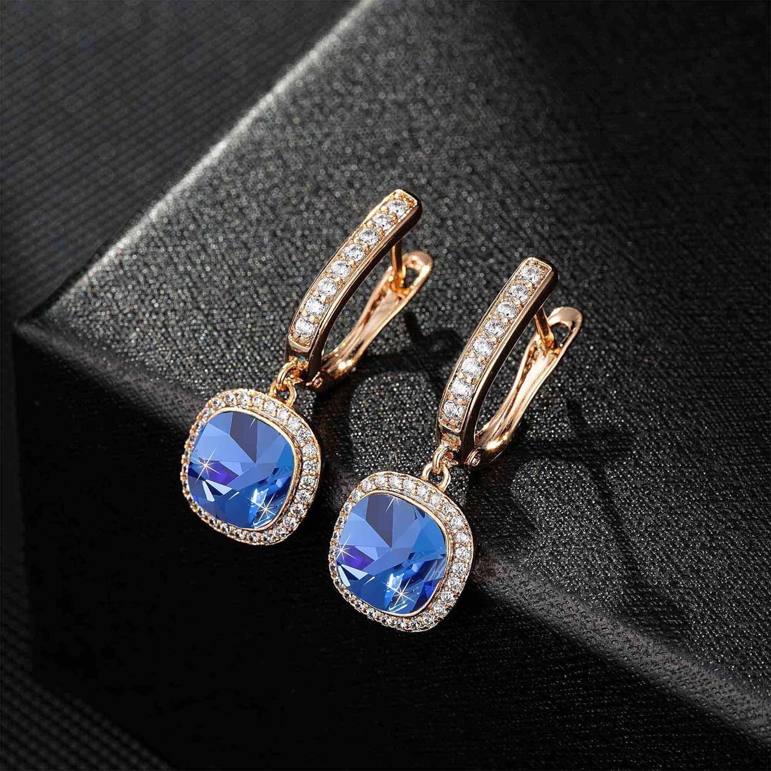 EVEVIC Austrian Crystal Leverback Square Cushion Halo Dangle Huggie Earrings for Women 14K Gold Plated Hypoallergenic Jewelry Gift - Image 6