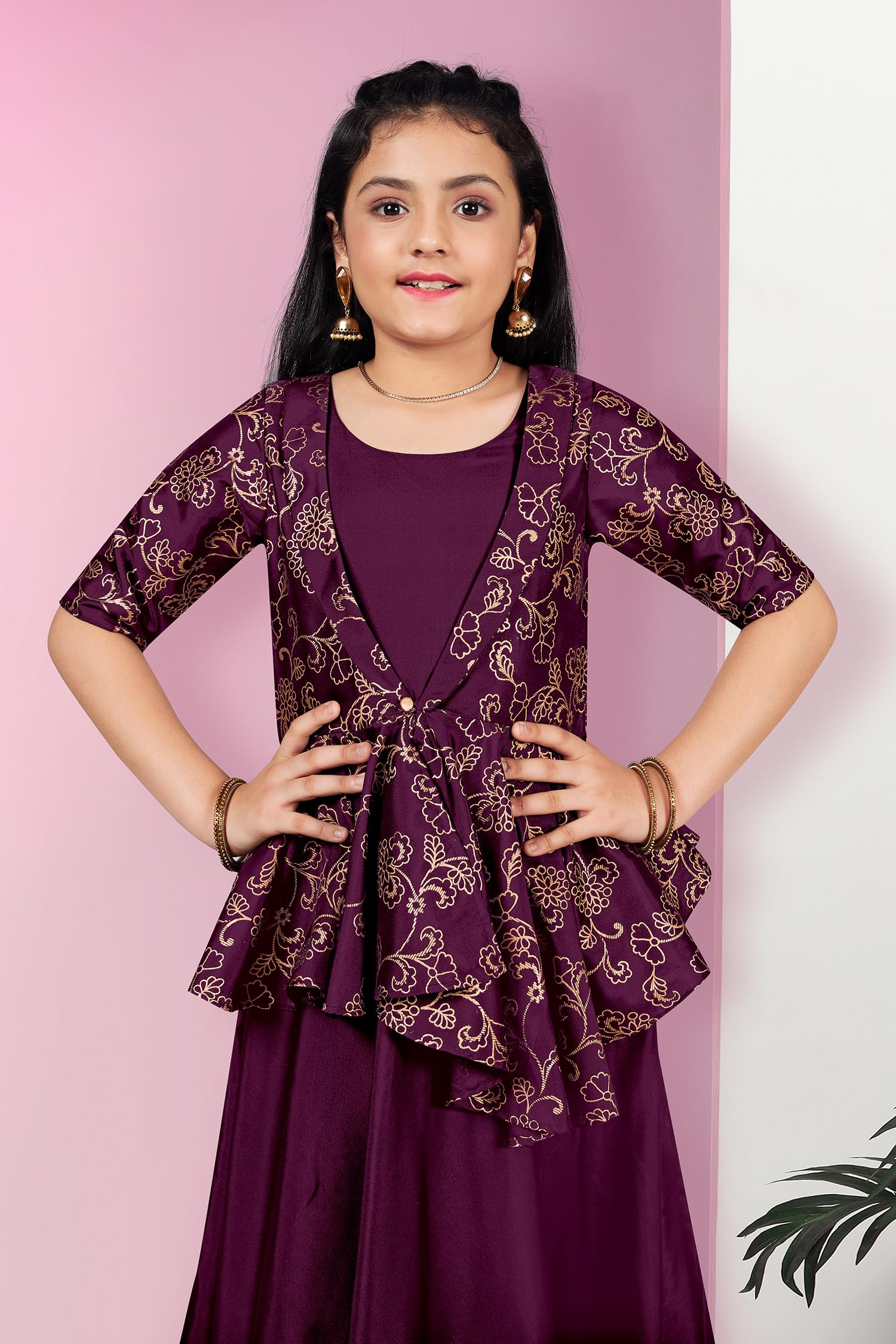 Fashion Dream Girls Cotton Blend Solid Maxi Dress with Attached Foil Printed Asymmetric Shrug|Kids Dress with Shrug(FDGDRS00215 PRP 32_Purple_9-10Yrs) - Image 4 thumbnail