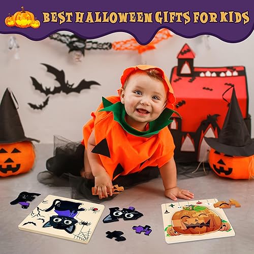 Miniatura 3 de Paquete de 4 rompecabezas de madera de Halloween para niños pequeños, juguetes educativos de aprendizaje, rompecabezas para recuerdos de fiesta,