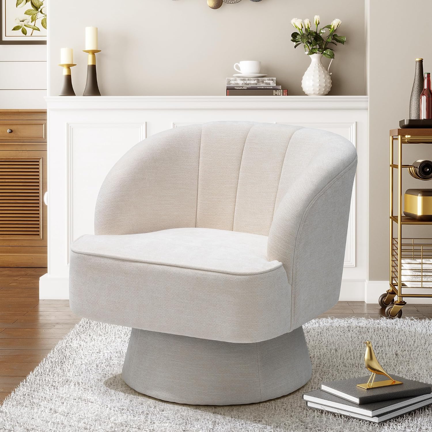 Pellebant Swivel Accent Chair Armchair - 28 Inches Wide Living Room Chairs, Reading Chairs for Adults, Round Barrel Chairs with Wood Frame for Living Room Bedroom, Flax White