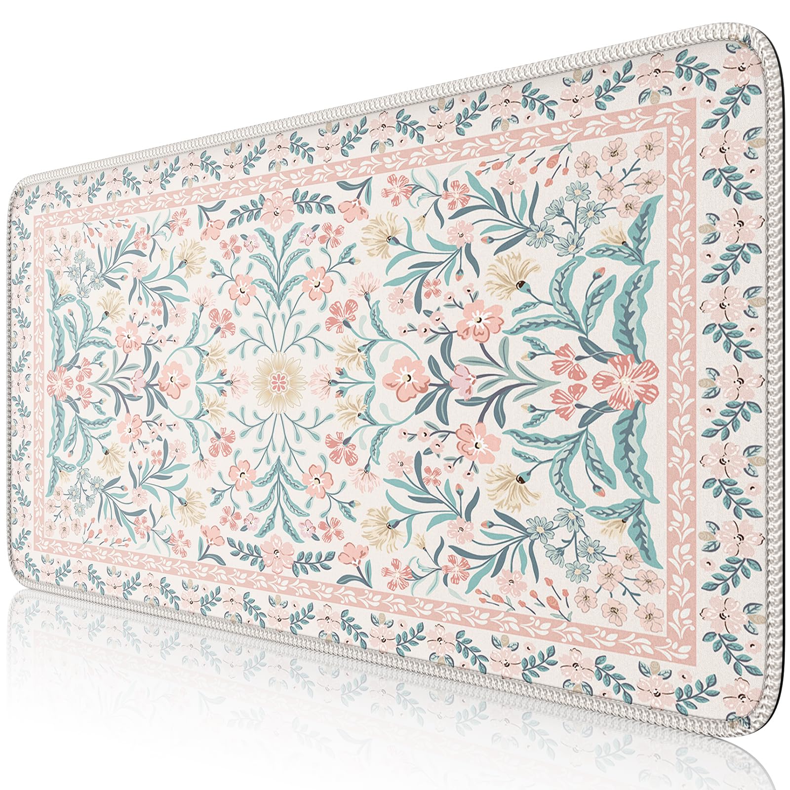 iCasso Pink Floral Desk Mat, Desk Pad, XXL Large Mouse Pad for Desk, Desk Matt for Desktop, Anti-Slip Big Mousepad with Stitched Edges, Computer Mouse Pads for Desk for Women(Pink)