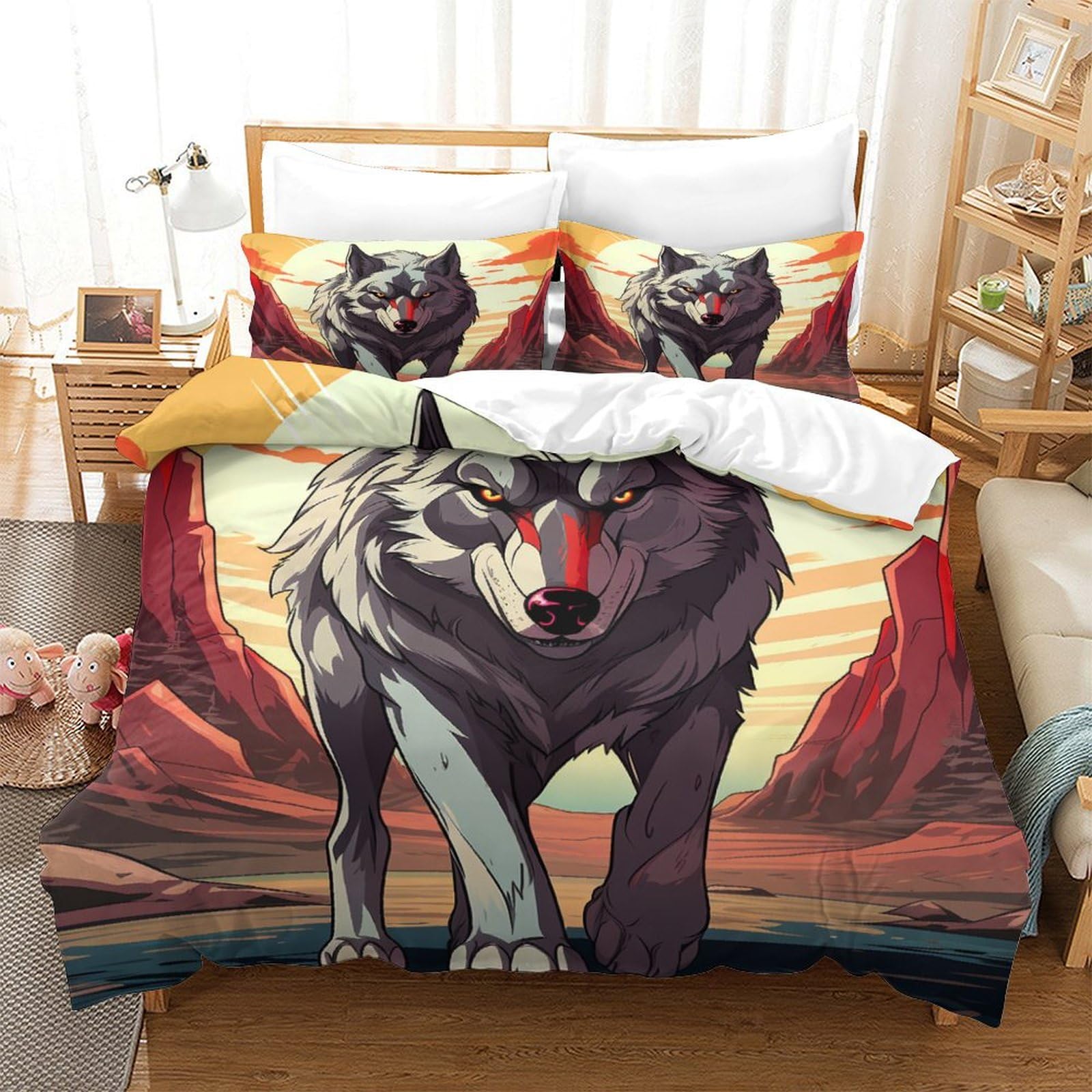 Housse de couette loup féroce en microfibre haut de gamme parure 3 pièces 260x220