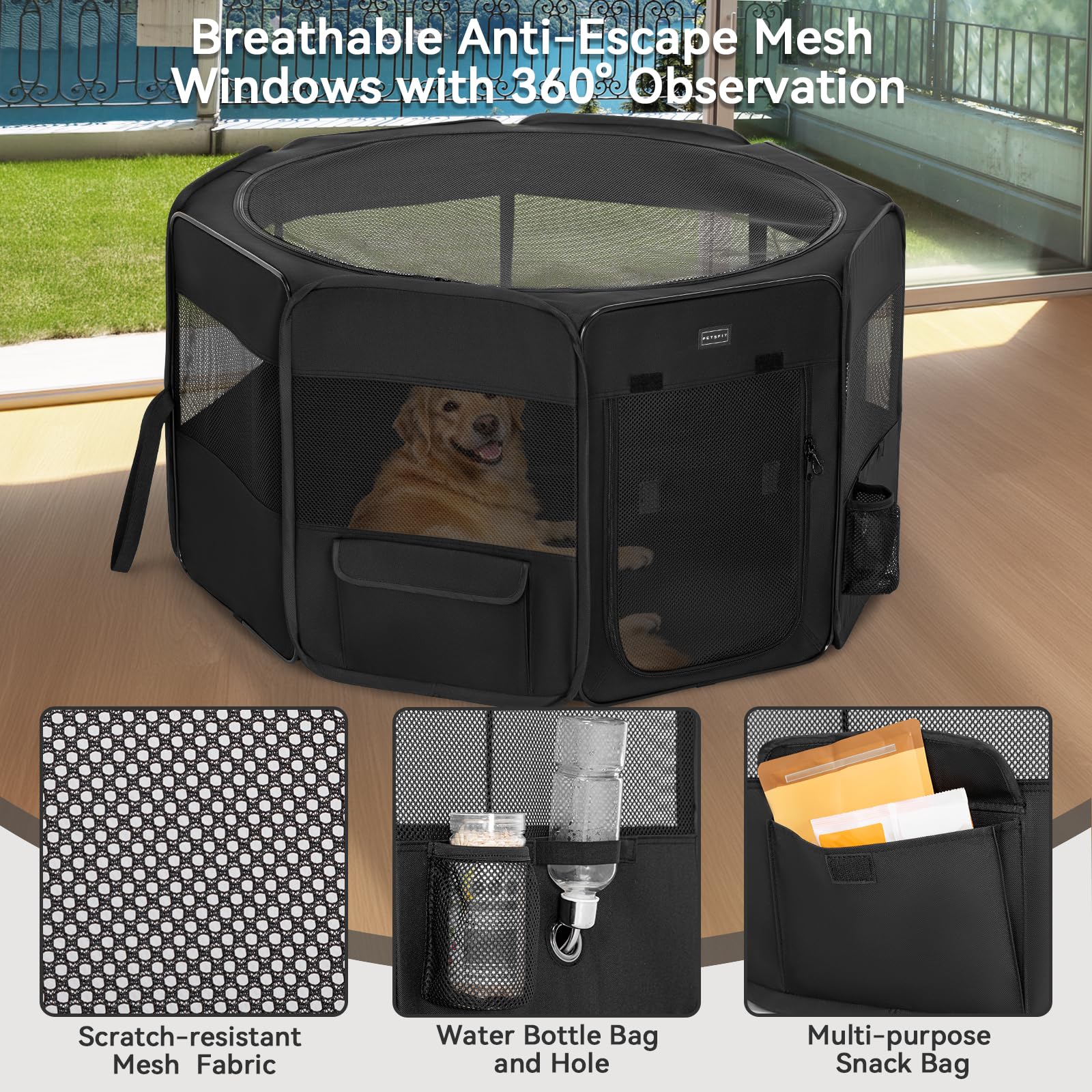 PETSFIT Penna per cani per interni, fondo anti-perdite, pieghevole, pieghevole, design a prova di masticazione, box per cani da interno, 116 × 106 × 72 cm, nero