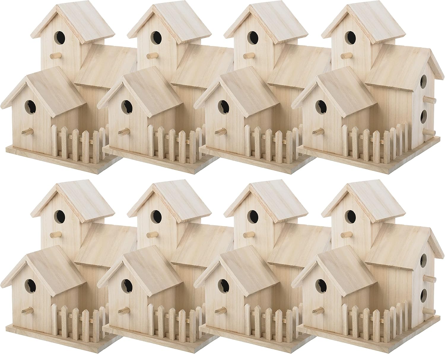 Make Market 8" Triple Wooden Birdhouse - Unfinished Birdhouse Made of 100% Wood - Bulk 8 Pack
