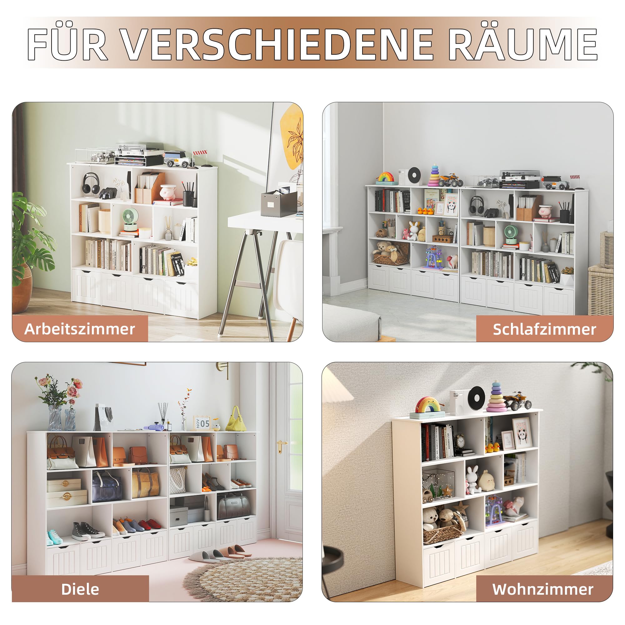 1 Stück Kinderzimmerregal Bücherregal Kinder Weiß mit 4 Roll-Bücherkiste