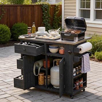 Outdoor Kitchen Island with Extendable Stainless Steel Top | Fir wood, stainless top, extendable depth, spice rack, cabinet, lockable wheels, BBQ prep, 41.9 W x 19.3-28 D x 36.2 H in