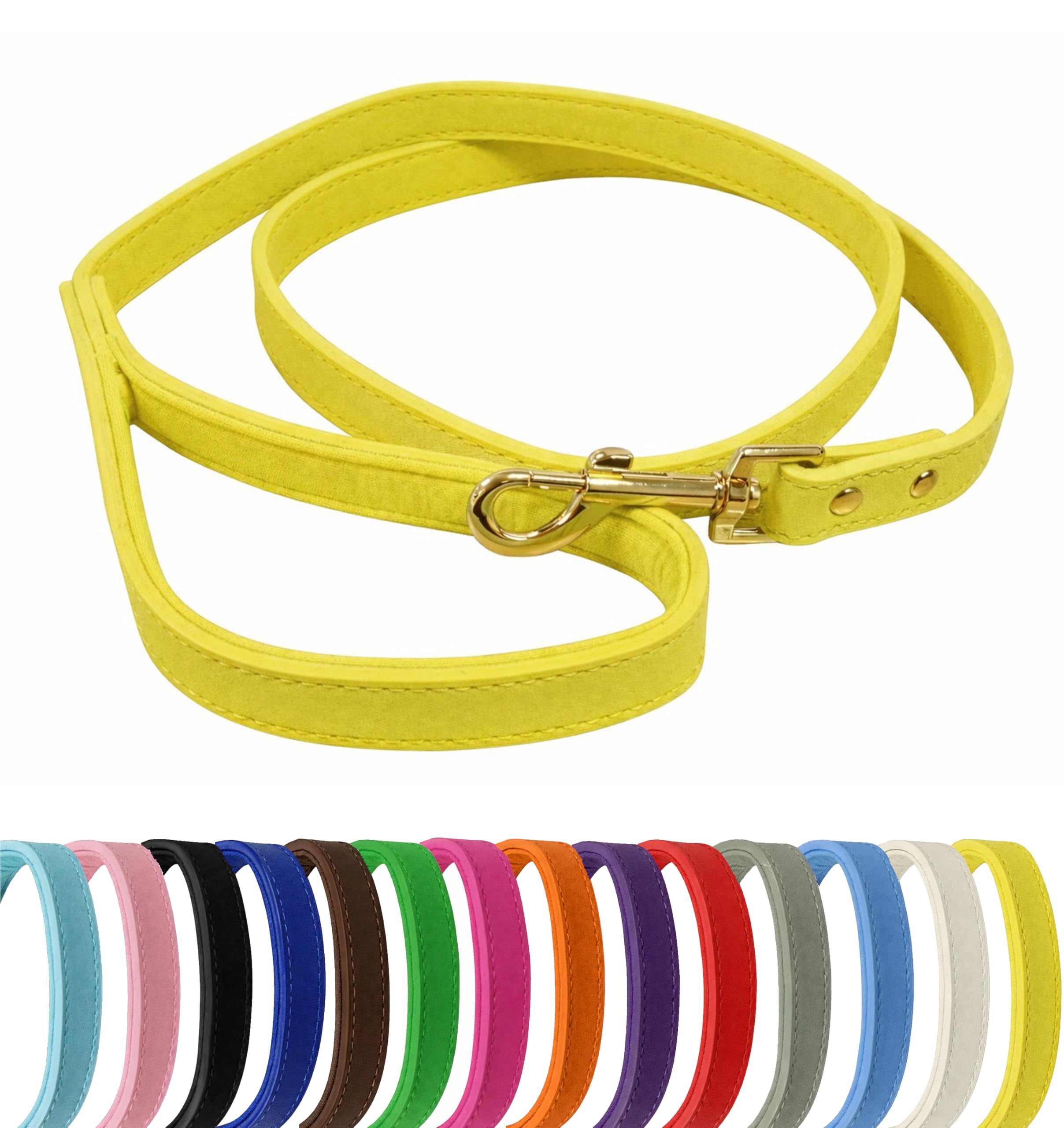 Vibrant Genuine Leather Dog Lead with Soft Neoprene Padded Handle & Metal 360° Swivel Clasp 120cm Leash (Yellow, Large (2cm Wide))