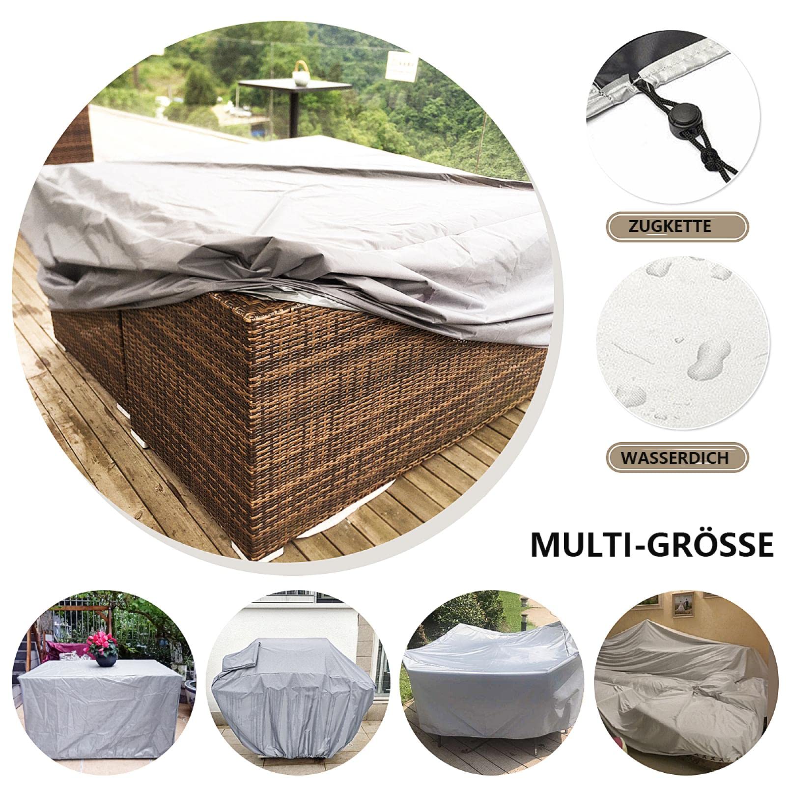 Tuinmeubelhoes, 150 x 110 x 75 cm, zilvergrijs, rechthoekig, tuinmeubelen, zware belasting, 420D Oxford, beschermhoes, gespen en spankoord, voor alle