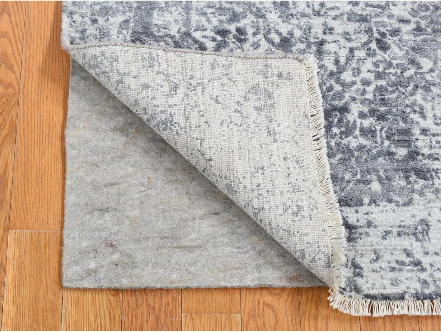 Slate Gray Broken and Erased Design Hand Knotted Runner Oriental Rug, Wool and Pure Real Silk, 2'8"x10'