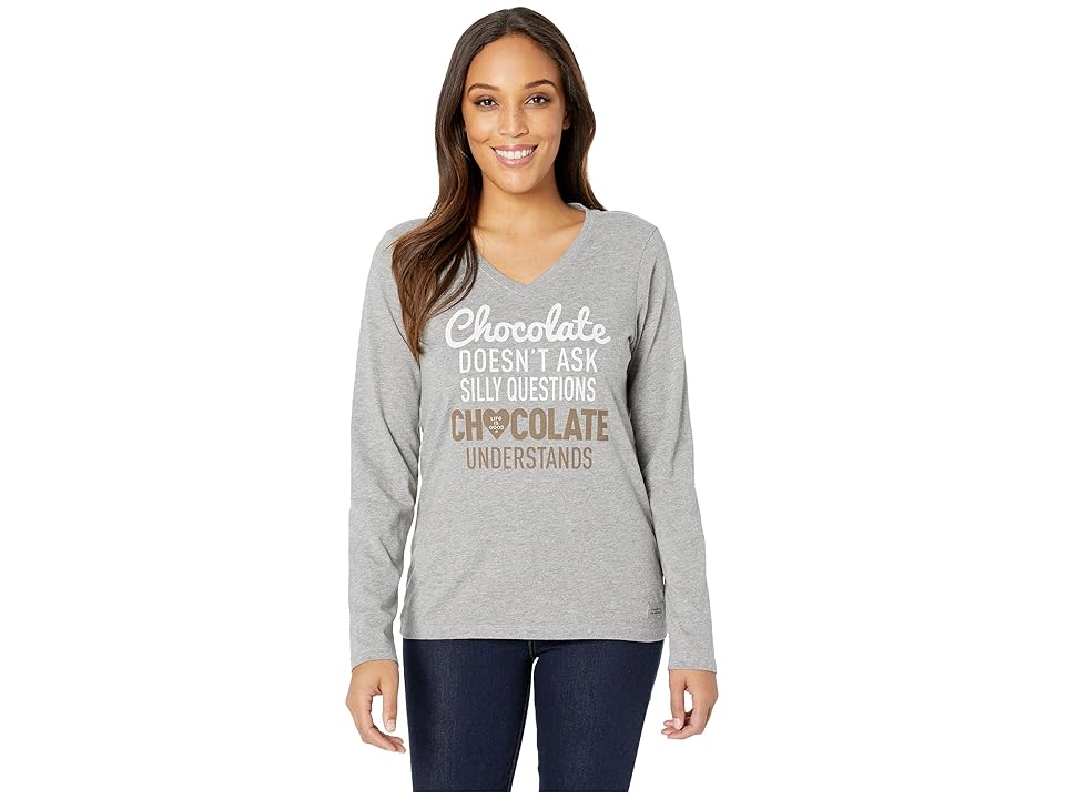 

Life is Good Chocolate Questions Crushertm Long Sleeve Vee (Heather Gray) Women's T Shirt