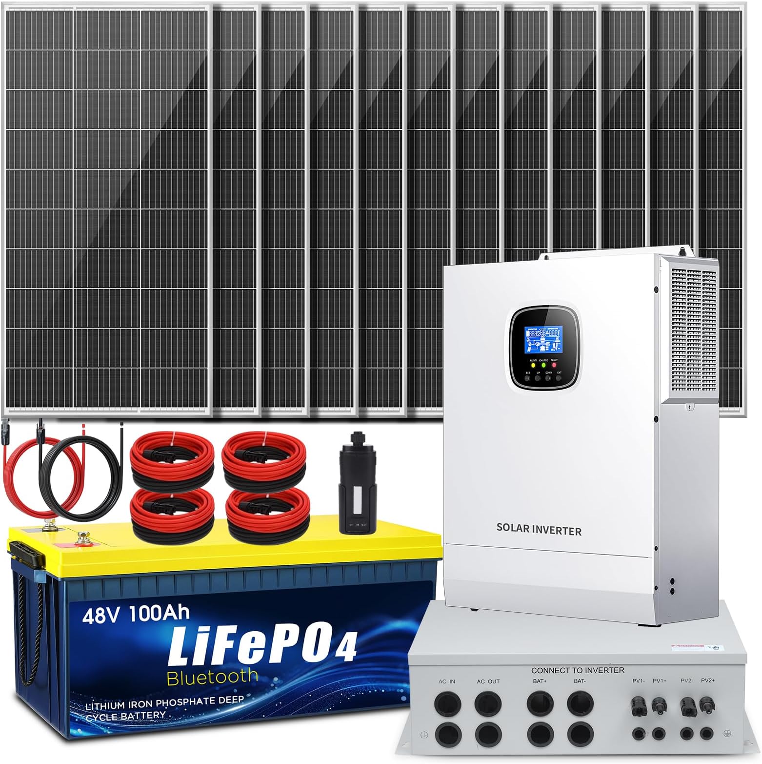 5KW Home Off-Grid Solar Power System Complete Kit 120V Output with 5.12kWh LiFePO4 Battery (1×51.2V 100Ah), 2400W Solar Panels (12×200W), MPPT Inverter, Breaker Box, App Monitoring for Whole House