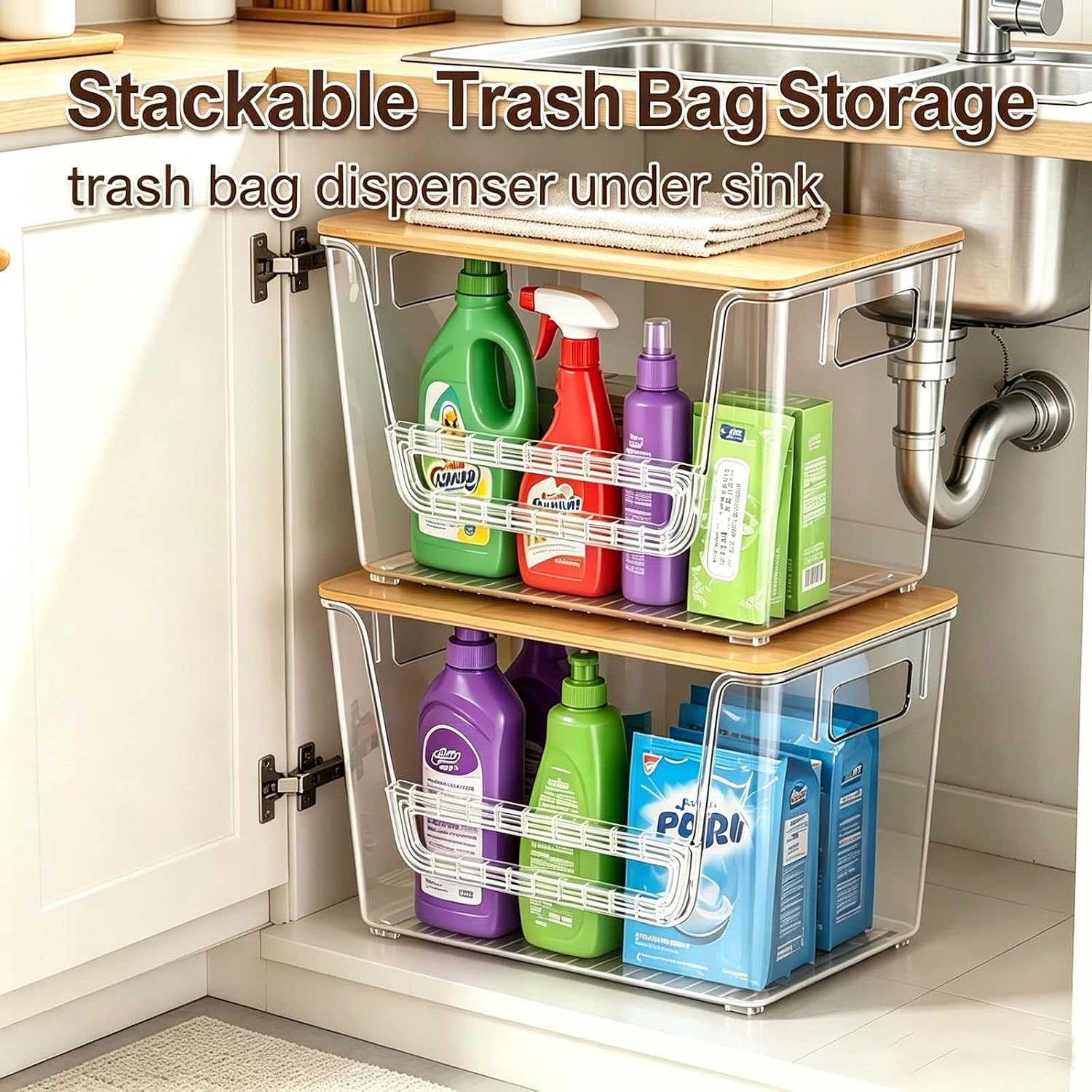 2 Pack Trash Bag Holder Dispenser with Bamboo Lid, Stackable Garbage Bag Organizer Under Sink, Clear Plastic Container for Kitchen,Pantry,Laundry Room Organization and Storage for 13/30/33 Gallon Bags
