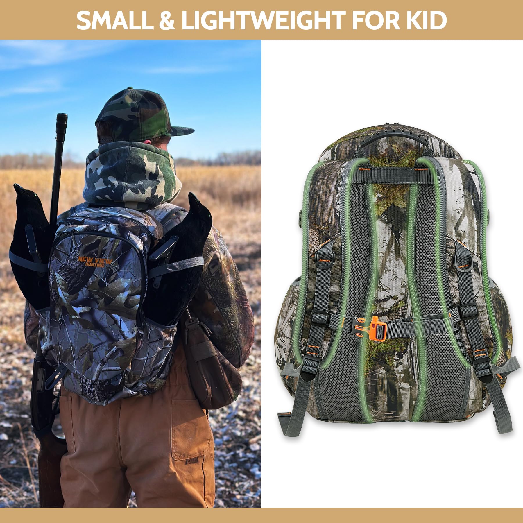 NEW VIEW Hunting Backpack 30L for Kids & Youth, Camo Bag with 11 Pockets, Water Resistant Daypack for Men and Women