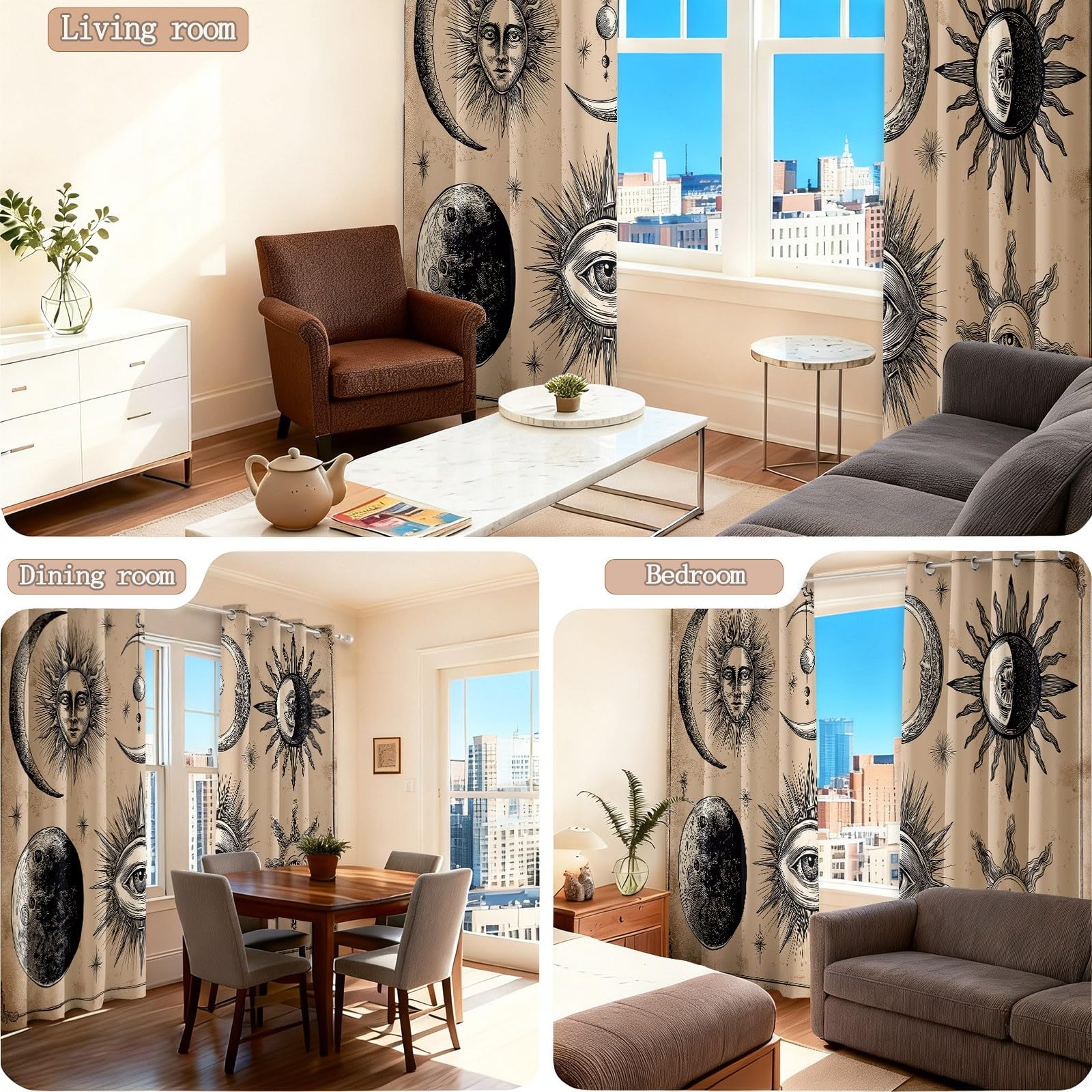 Retro Blickdicht Vorhänge Hellbraun, Wärmeisoliert UV-Schutz vorhänge mit Himmelselemente Sterne Muster, Verdunklungsvorhänge mit ösen für Wohnzimmer Schlafzimmer Deko, H 175 x B 140 cm (2er Pack)