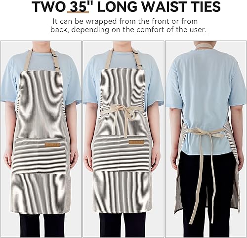 Miniatura 4 de NLUS Paquete de 2 delantales de cocina para mujeres con bolsillos, delantales de cocina ajustables, delantales de chef para mujeres y hombres (rayas