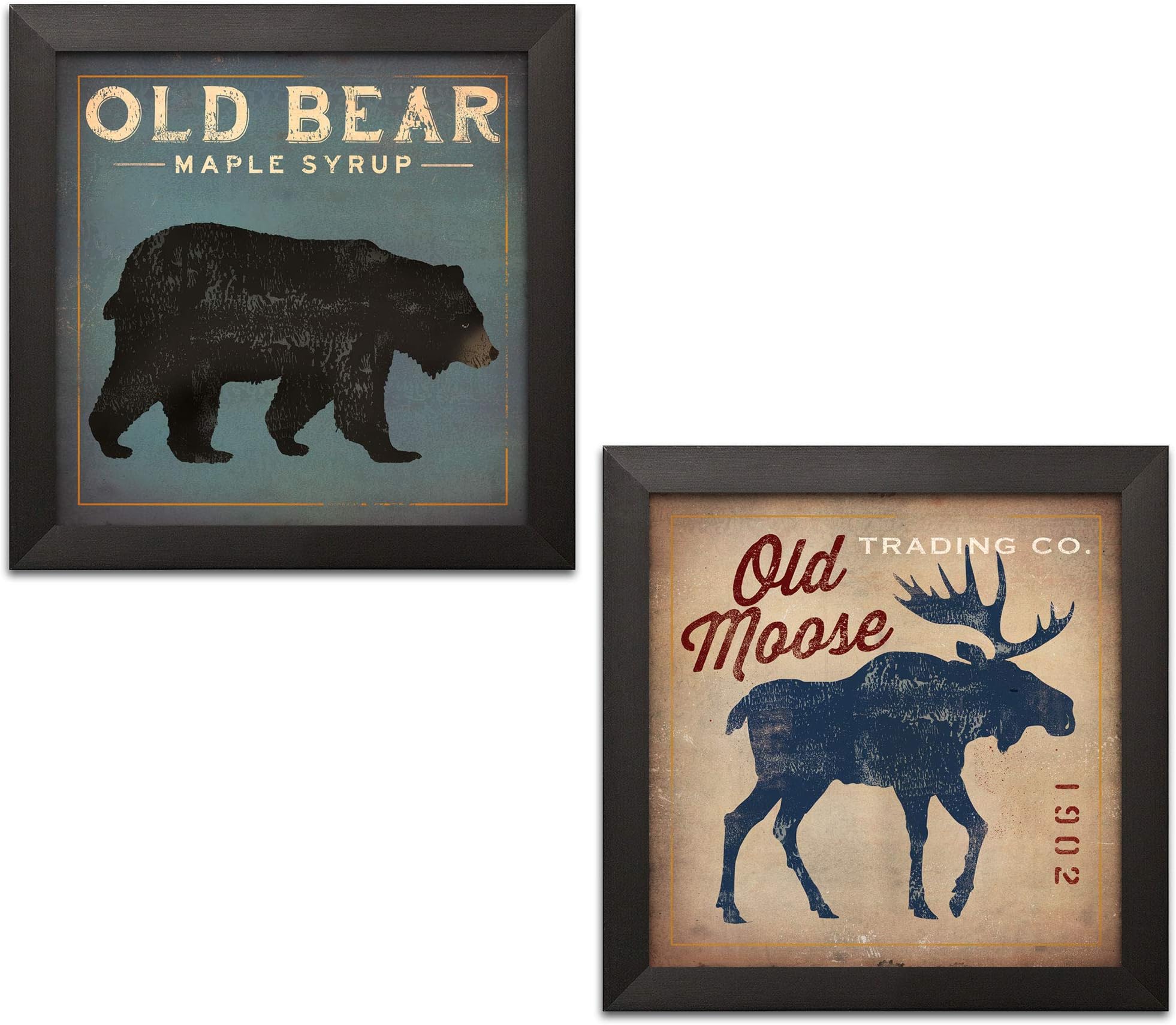 Rustic Blue and Tan Old Bear and Moose Set by Ryan Fowler; Cabin Lodge Decor; Two 12x12in Black Framed Prints