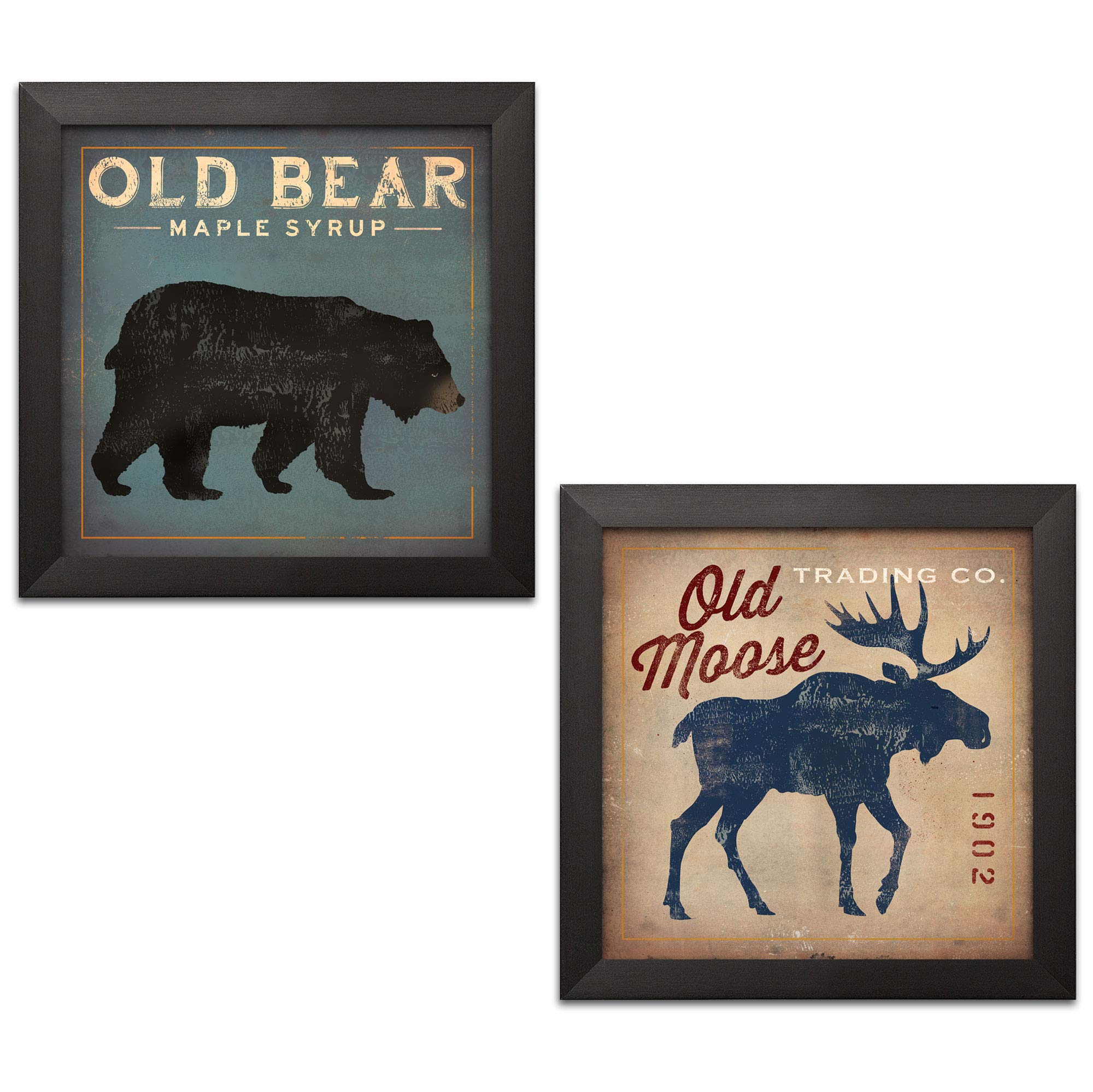 Rustic Blue and Tan Old Bear and Moose Set by Ryan Fowler; Cabin Lodge Decor; Two 12x12in Black Framed Prints