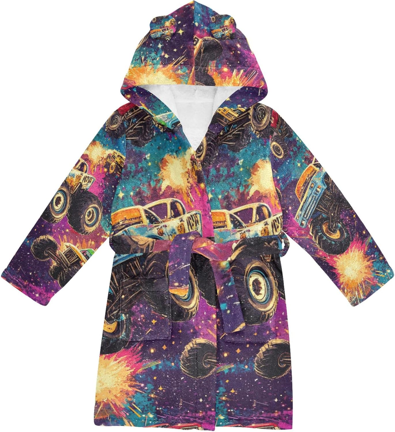 Monster Truck Cars Galaxy Retro Bathrobe Hooded PJ Robe Soft Fleece Robe Pajama Sleepwears 2-12 Years