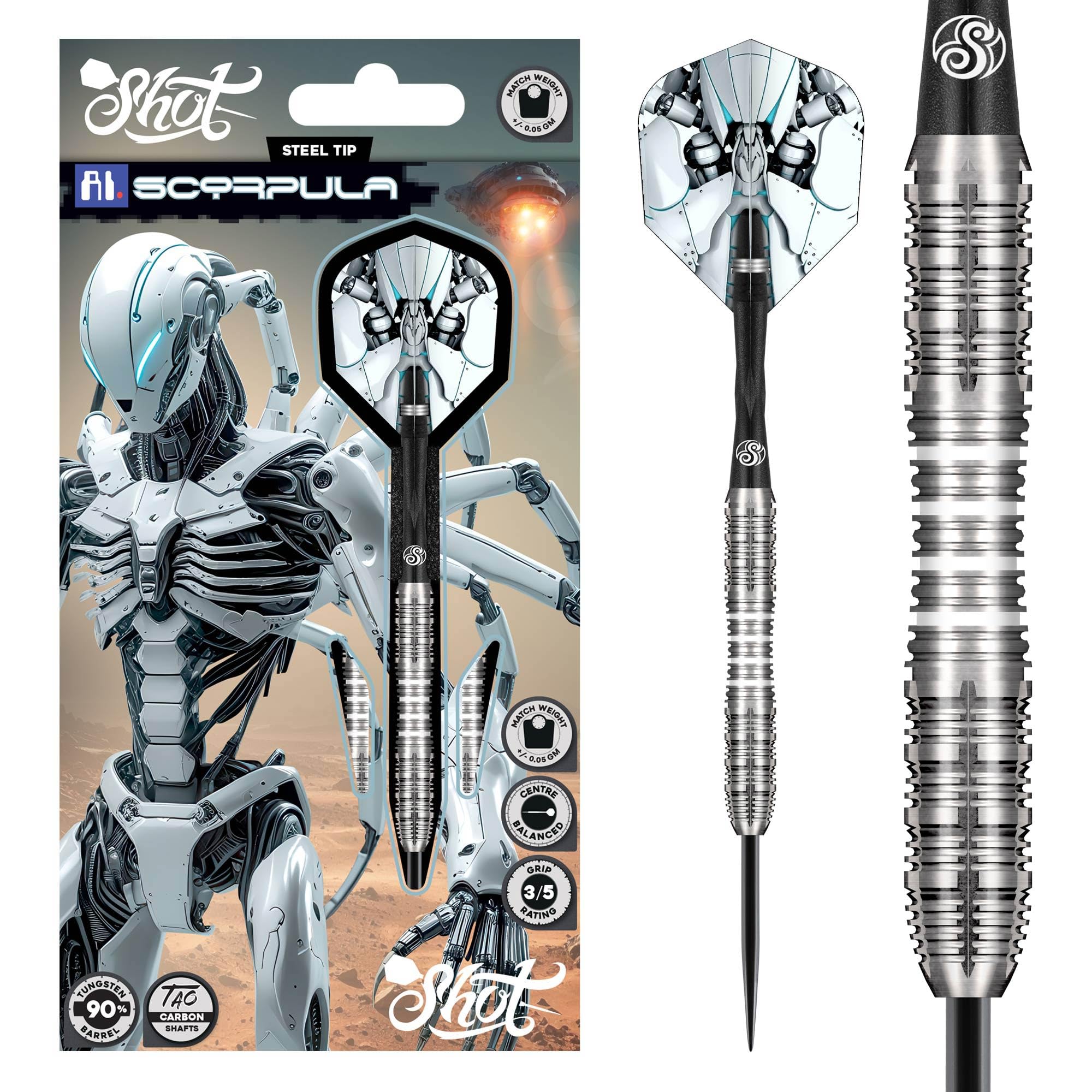Shot! AI Scorpula Steel Tip Darts Set 90% Tungsten Barrels Handcrafted Professional Dart Set & Flights Made in New Zealand, Metal Tip for Bristle Dartboard (25, Grams)