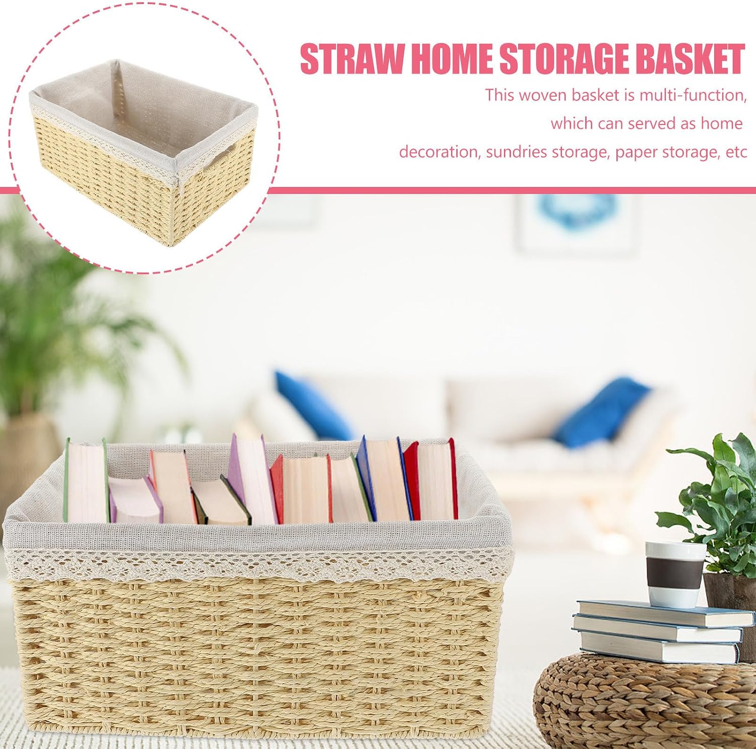 Desktop Woven Storage Basket with Liner Large Capacity Beige