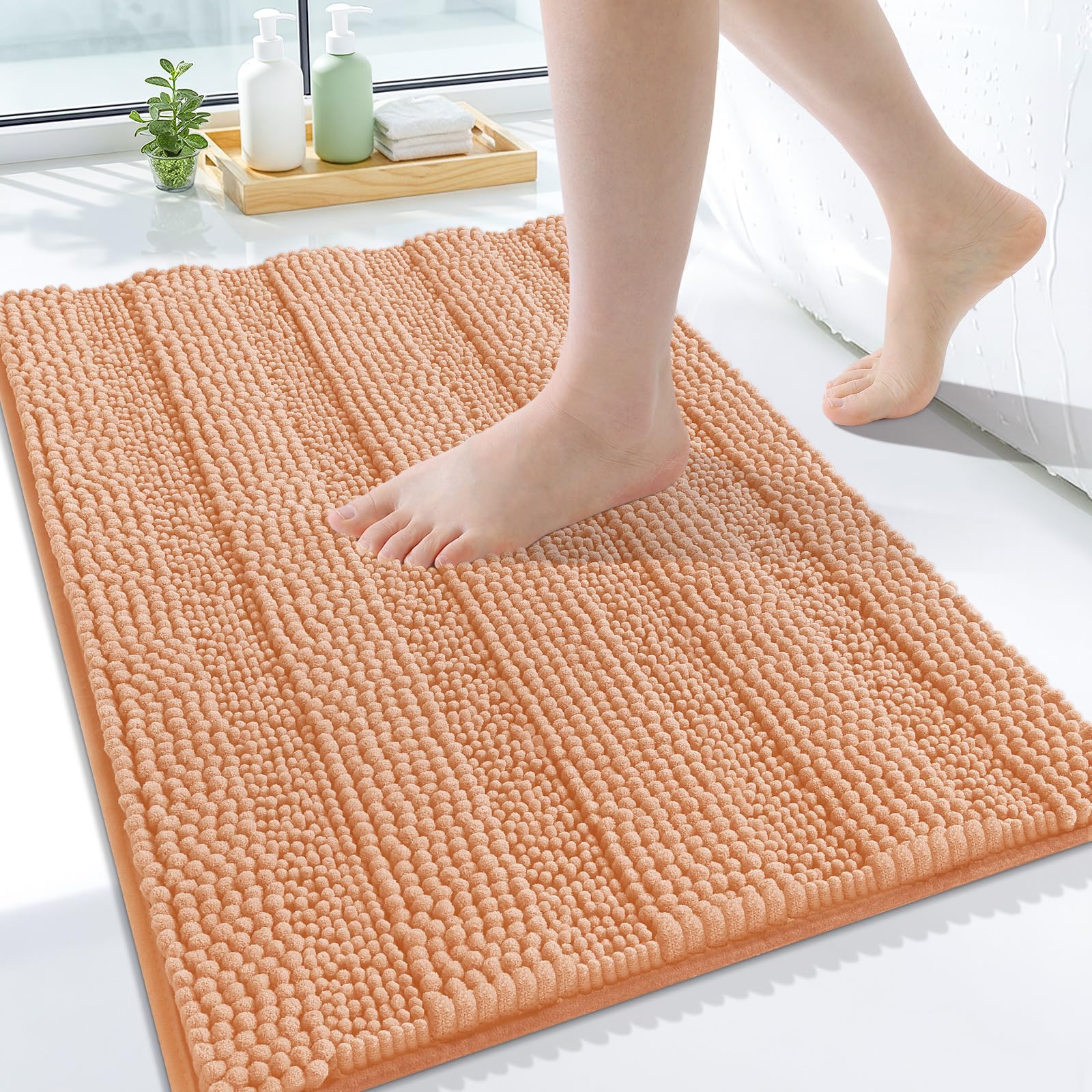 Grandaily Chenille Bathroom Rugs 24x16, Soft Absorbent Bath Mats, Peach