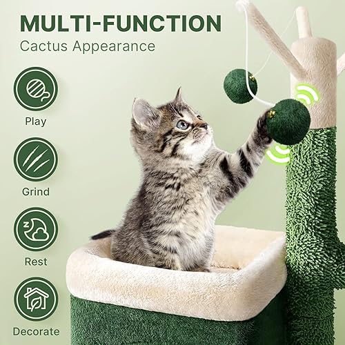 Miniatura 2 de Árbol de cactus para gatos de interior, torre pequeña para gatos de 30 pulgadas con poste rascador verde, condominio acogedor, perchas de felpa y