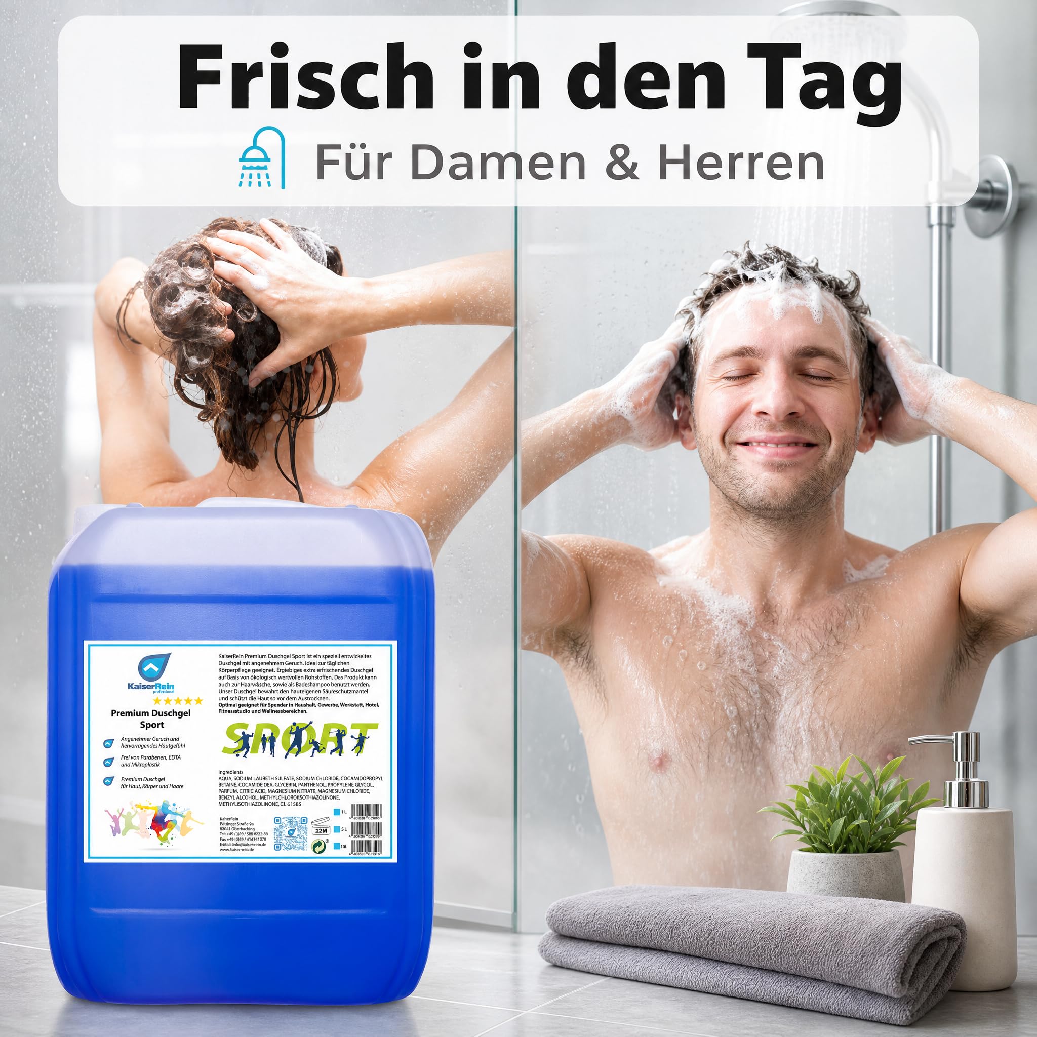 KaiserRein Duschgel Sport, Premium Duschgel für Herren und Damen, 10 L Kanister als Nachfüllpack für Spender, mikroplastikfrei, ohne Parabene und EDTA, für Körper, Haare & als Badezusatz