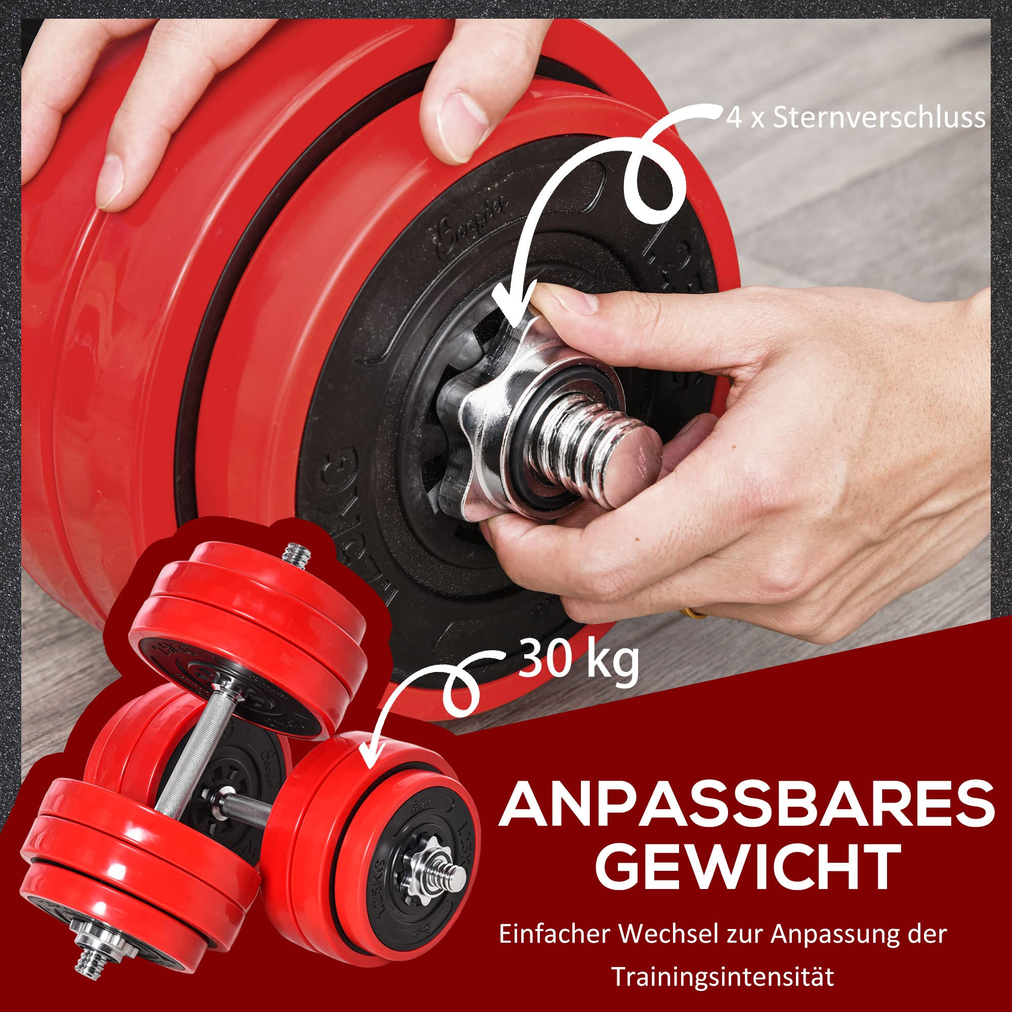 HOMCOM Hantelset 20/30 KG 2-IN-1 Hanteln&Langhanteln verstellbar Gewichtheben für Zuhause Fitness Muskel Rot+Schwarz