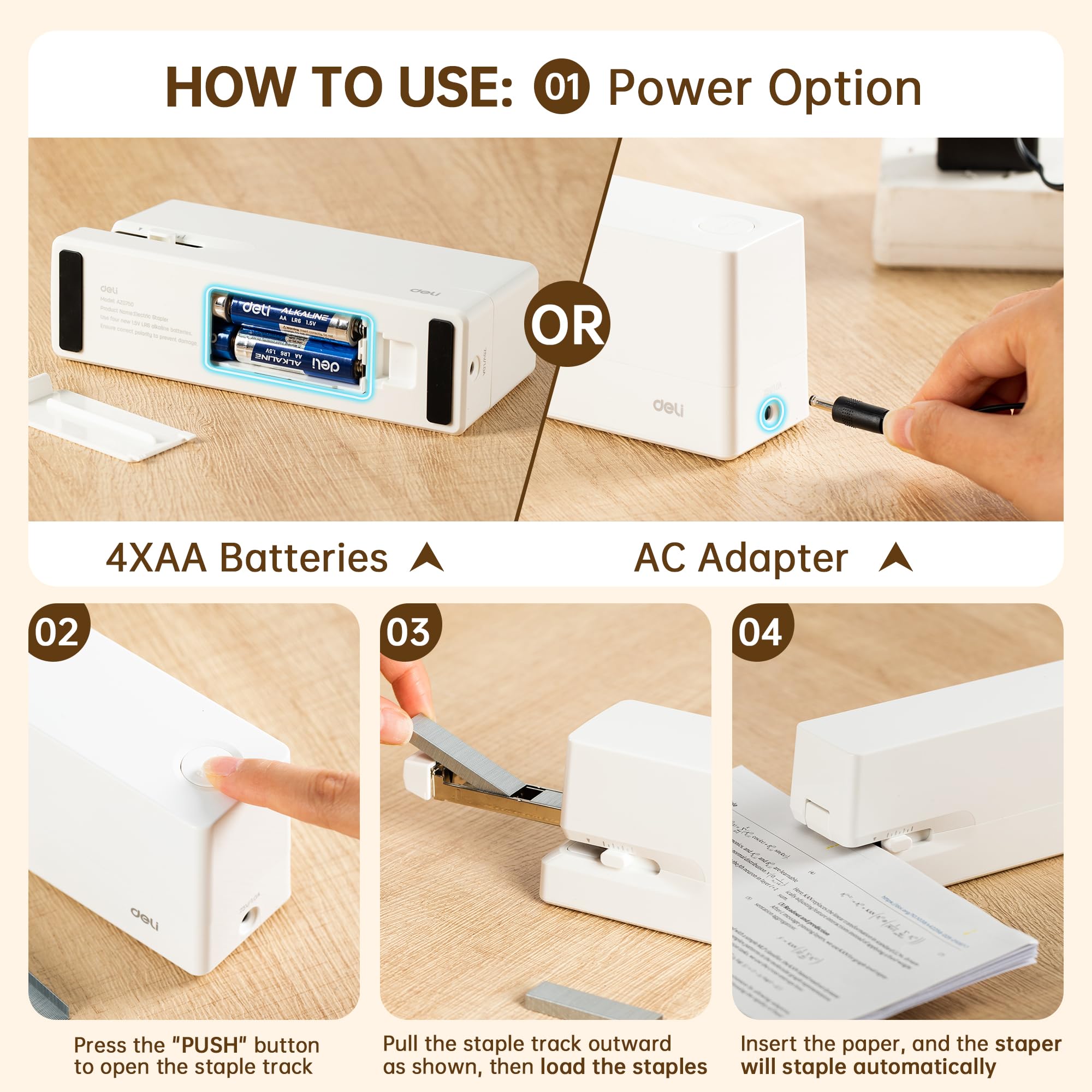 Deli Agrafeuse électrique automatique pour bureau avec 2 000 agrafes et ôte-agrafes, capacité de 25 feuilles, sans bourrage, agrafeuse alimentée par AC ou à piles pour bureau, maison, école, blanc