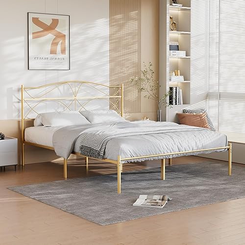 Miniatura 38 de VECELO Base de cama de plataforma metálica de tamaño matrimonial con cabecera y estribo, base de colchón de soporte de listones resistentes, no