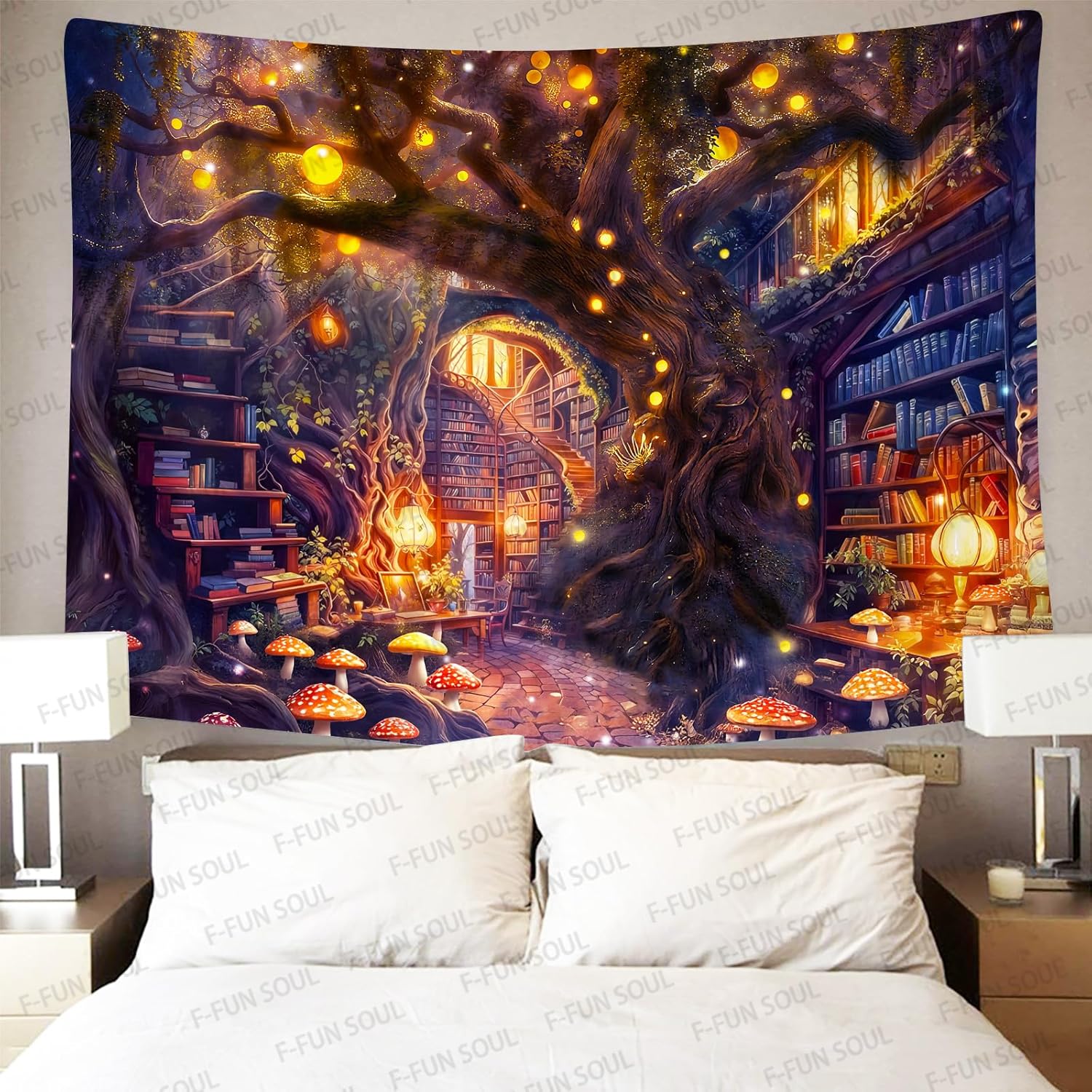 F-FUN SOUL Forest Library Tapestry 100x90inches Fairy Tale Wall Hanging Fantasy Tapestry Bookshelf Tapestries for Bedroom Living Room Home Office Decor, Purple