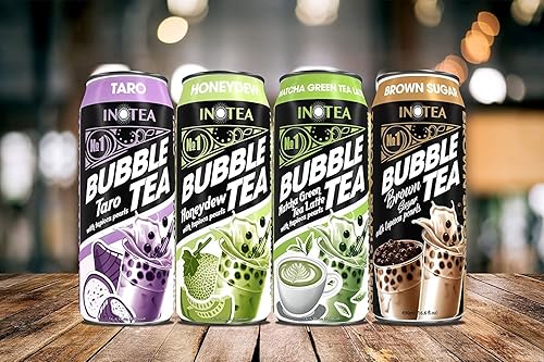 Miniatura 4 de Paquete de 12 té de burbujas INOTEA sabor a azúcar moreno. Listo para beber en una lata (16.6 onzas). Té de leche negra con Boba. (azúcar marrón)