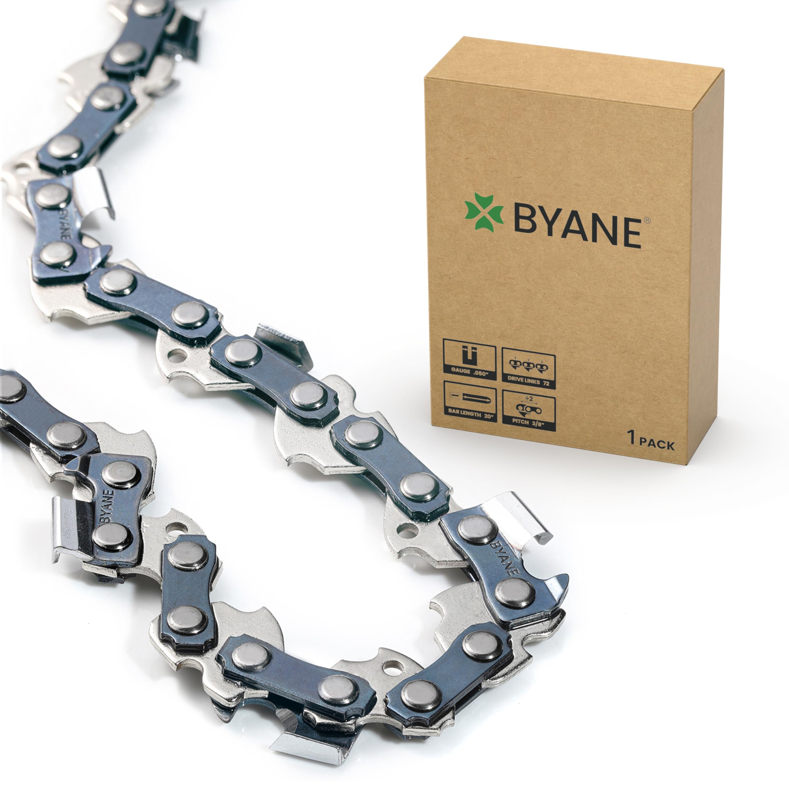 BYANE 20 Inch Chainsaw Chain, 3/8" Pitch, 050" Gauge, 72 Drive Links, Fits Stihl MS391, MS311, Husqvarna 455, and More- 33RS72 (1 Chains).