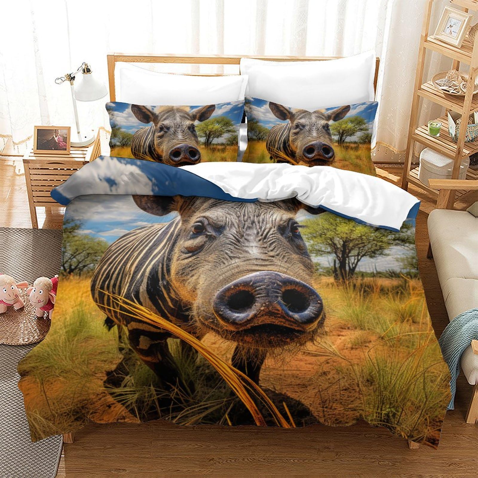 Housse de couette sanglier 3D 220x240 cm en microfibre avec 2 taies d'oreiller