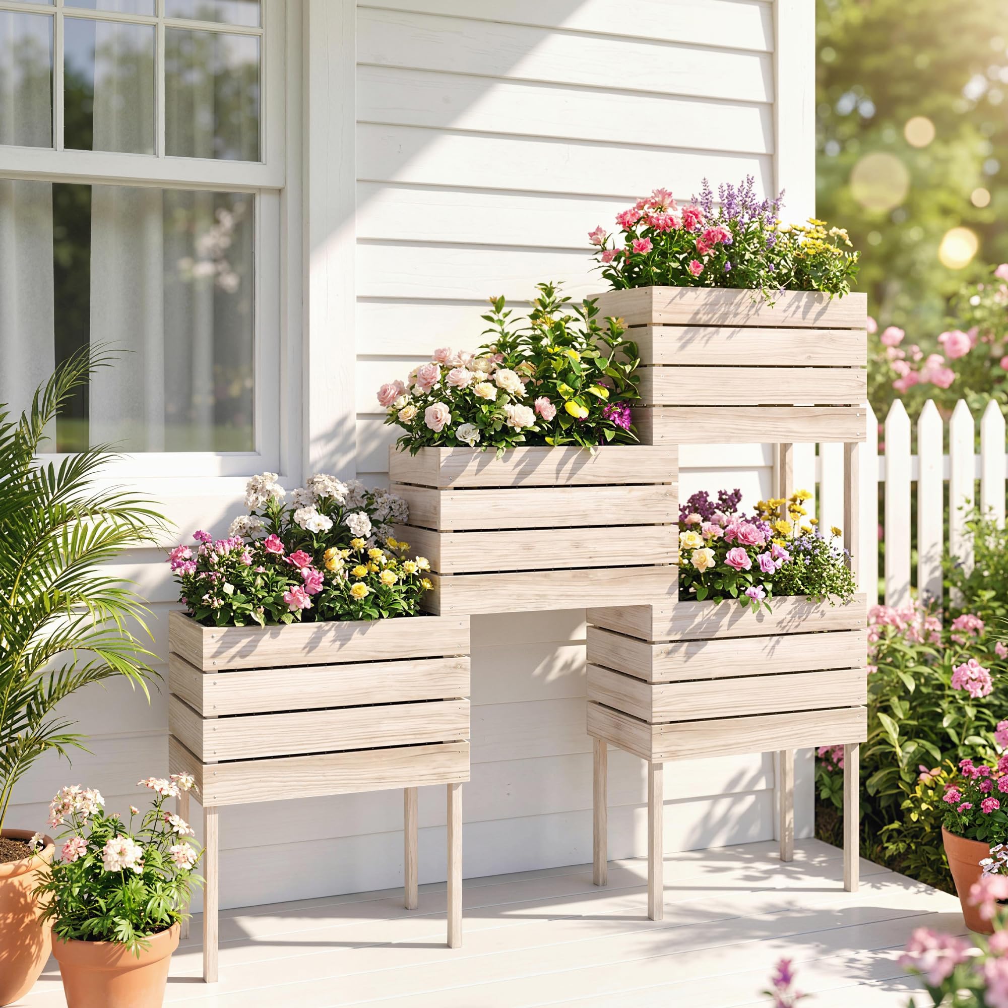 Outsunny Jardinières sur Pieds carrés potagers 50L x 30l x 60H cm Naturel | Lot de 4, Jardinières sur Pied Modulables, Inserts d'Irrigation, Film Protecteur, Bois Sapin, Pot Balcon