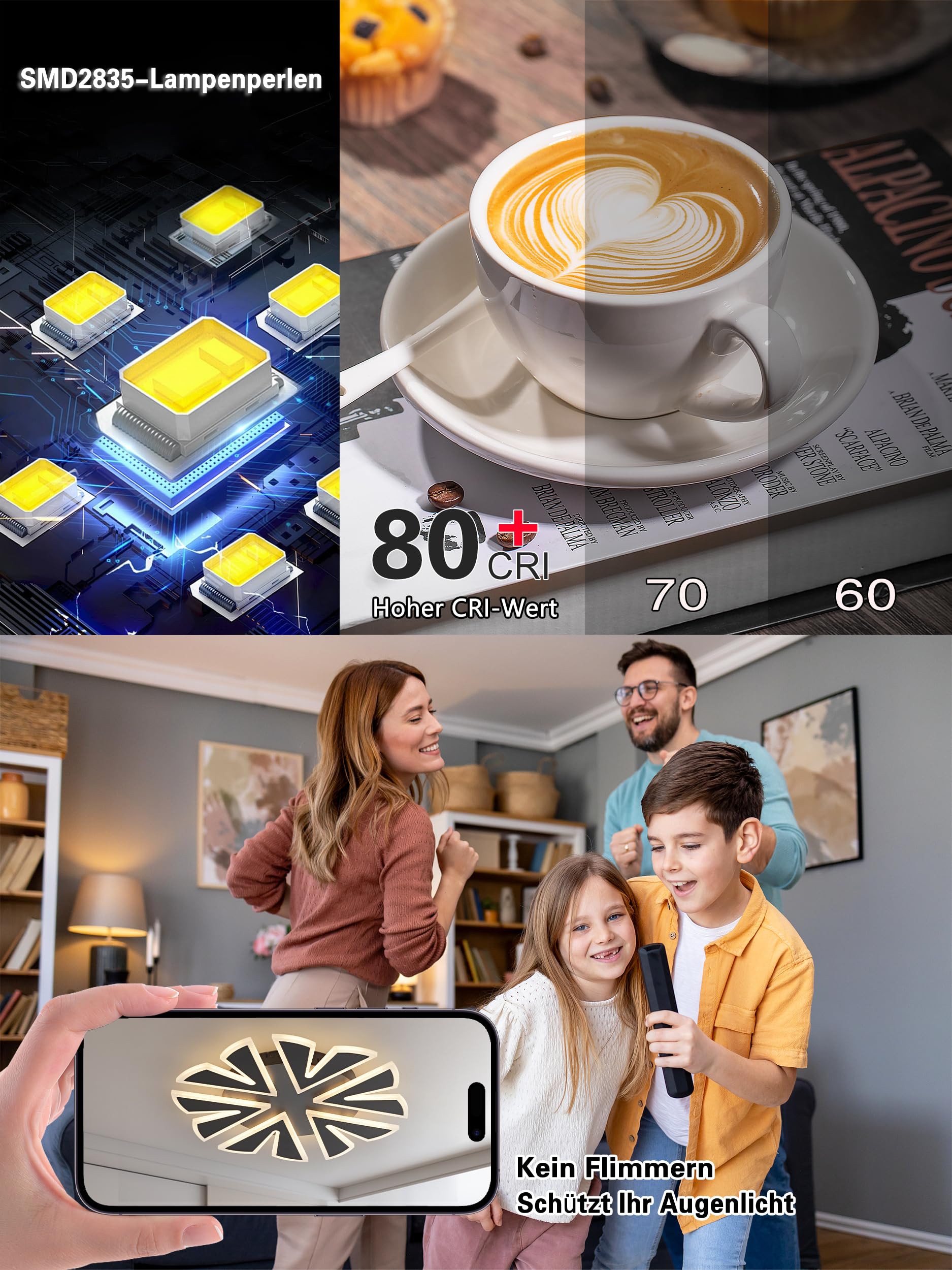 LED Deckenlampe Dimmbar schwarz Schneeflocken 50cm 5600lm 56 W | Fernbedienung/Mobile APP, Farbtemperatur 3000-6000K, Helligkeit 5-56W, 5W Nachtlicht, Memory-Funktion, Timer-Funktion